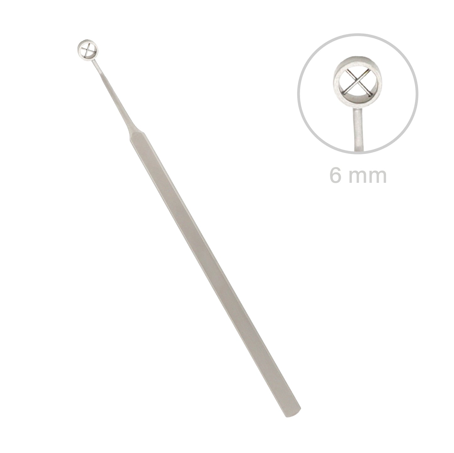 Fox dermal curette with a 6mm circular loop tip featuring an internal cross-hatchet structure and a tapered stainless steel handle.