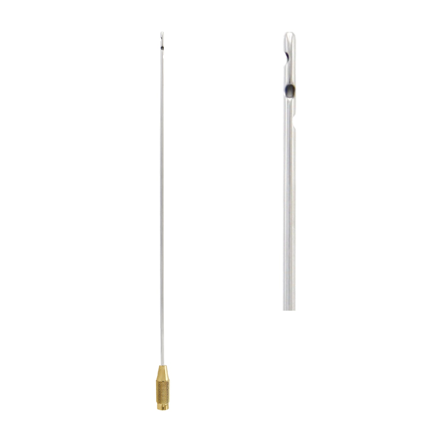 A professional gold-plated liposuction cannula featuring a stainless steel shaft and a Mercedes three-port tip with one central and two lateral holes for precision body contouring.