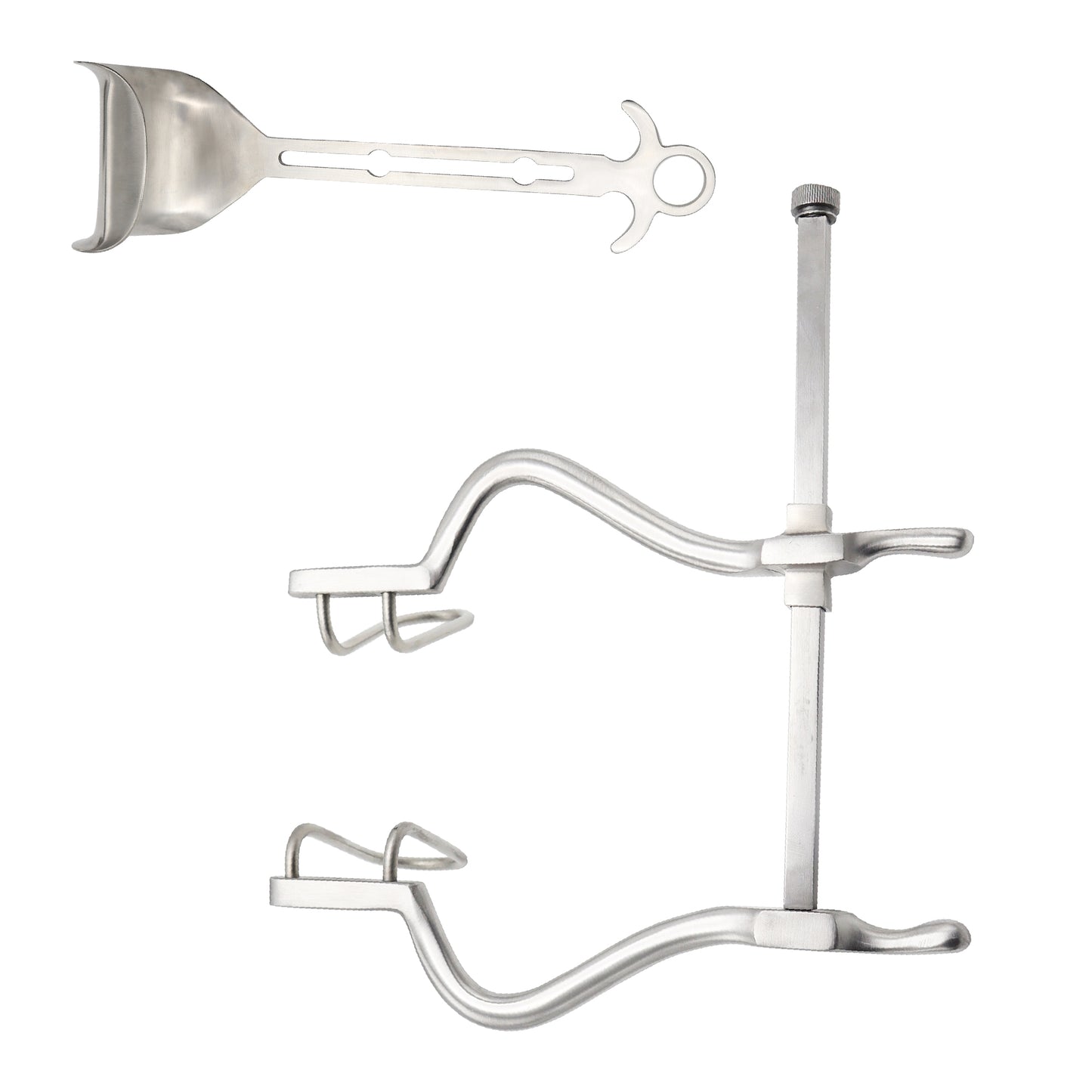 Disassembled Gosset self-retaining abdominal retractor kit including frame, sliding lateral loop blades, and removable center blade on a white background.