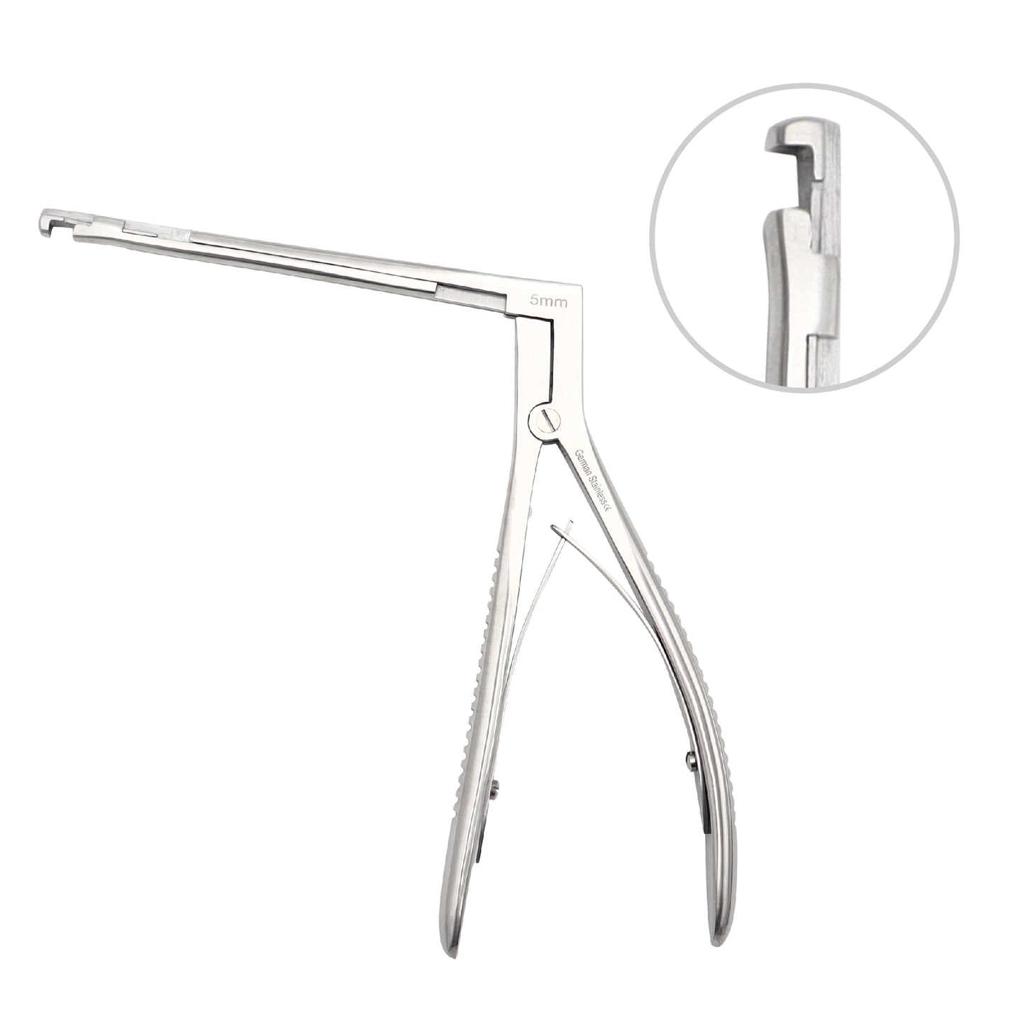 Stellmacher Instruments Hajek-Kofler sphenoid bone punch with a ninety degree downward biting mechanism, leaf spring handles, and a close-up circle showing the surgical jaw details.