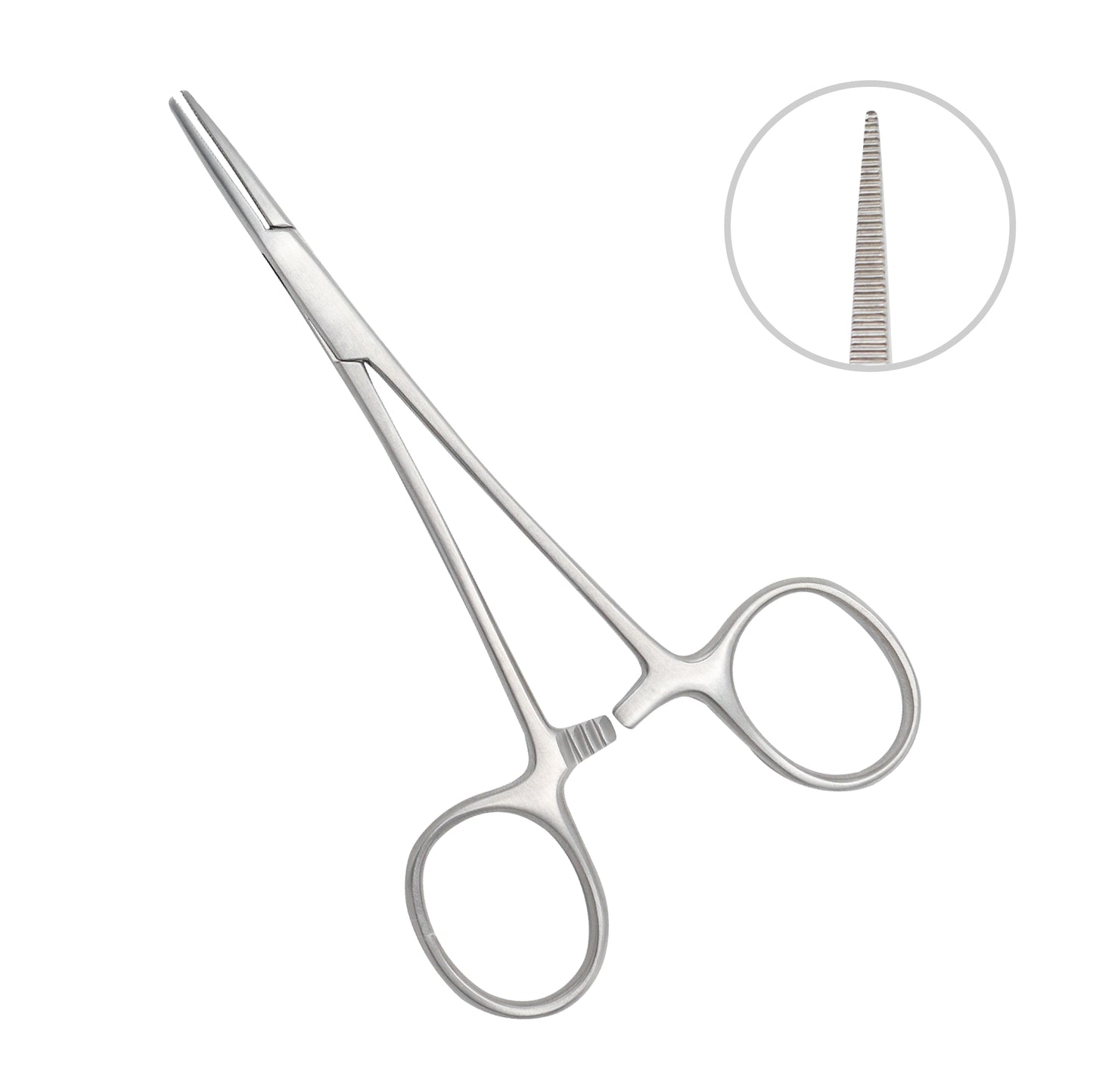 Halsted-Mosquito Hemostatic Forceps, 12cm straight stainless steel surgical clamp with fine serrated jaws and a ratchet locking mechanism.