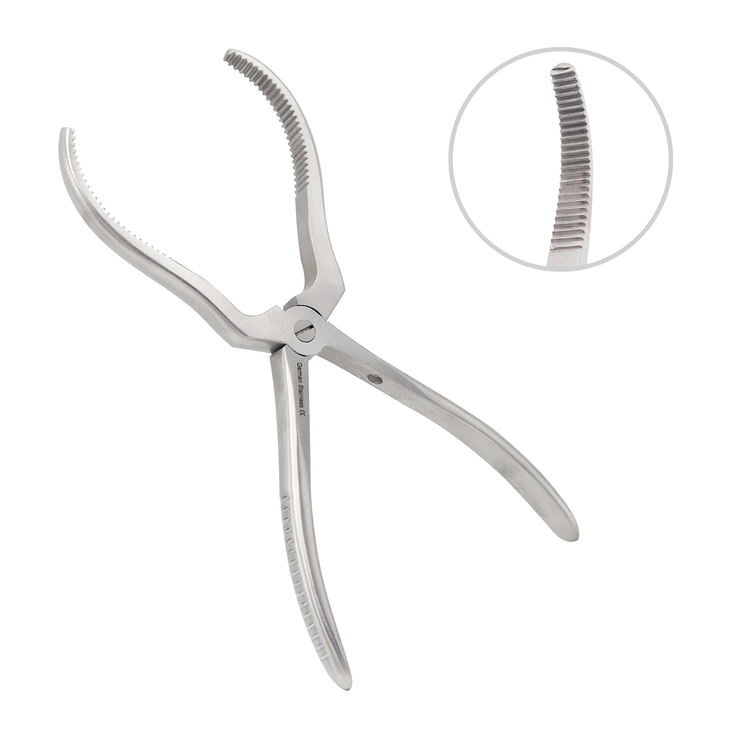 Hayton Williams Forward Traction and Reduction Forceps with curved serrated jaws and close-up detail of teeth for maxillary fracture surgery.