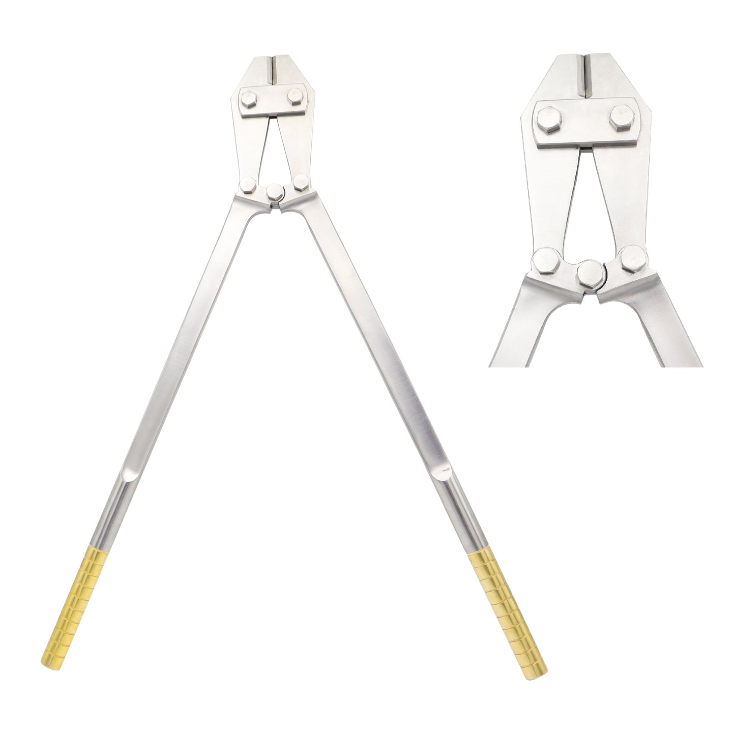 Heavy-duty orthopedic surgical pin and wire cutter with gold-plated handles and tungsten carbide side-cutting jaws, shown alongside a close-up detail of the dual-pivot jaw mechanism.