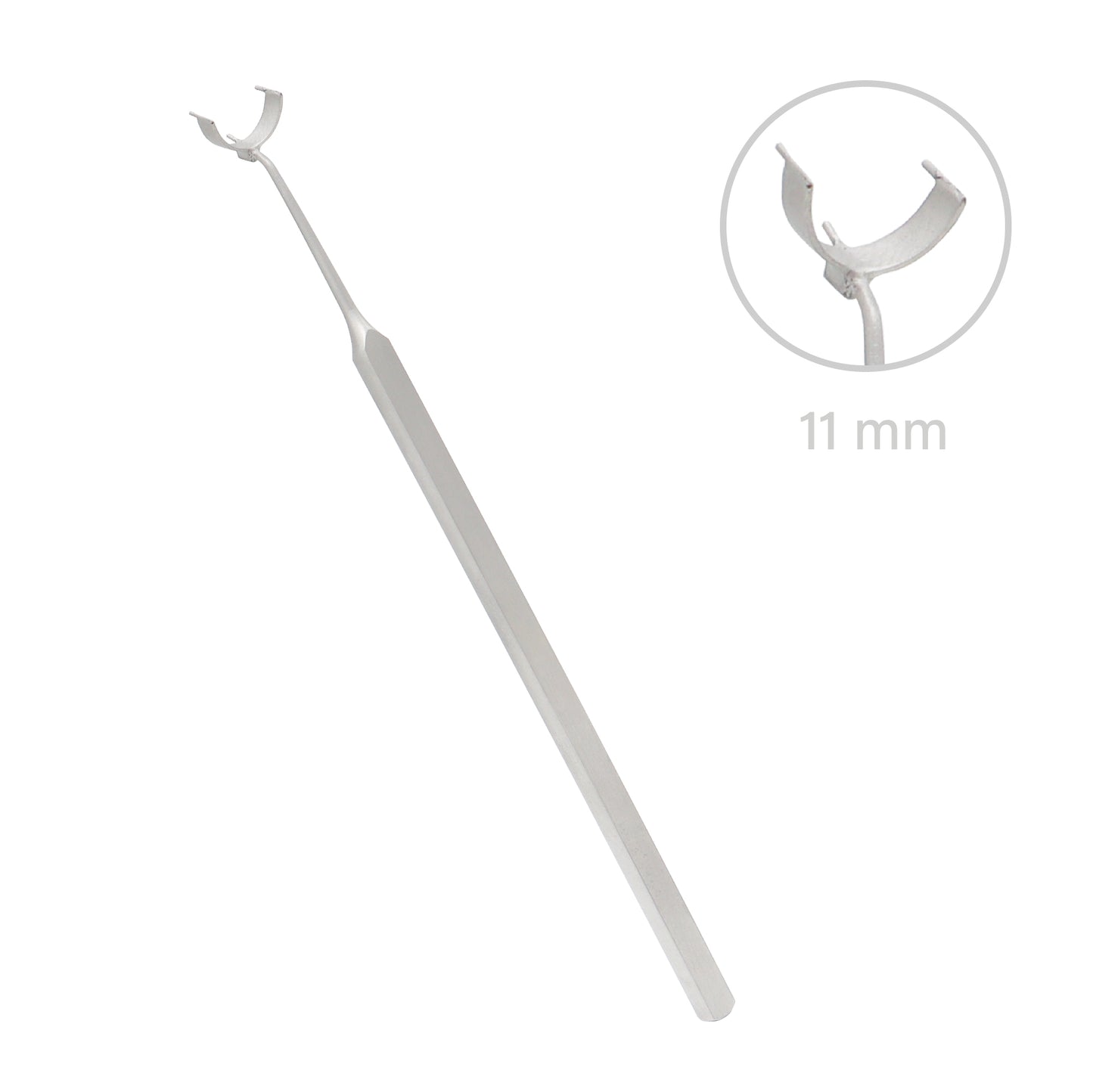 Henderson corneal alignment marker 11mm ophthalmic surgical instrument with a crescent-shaped tip on a white background.
