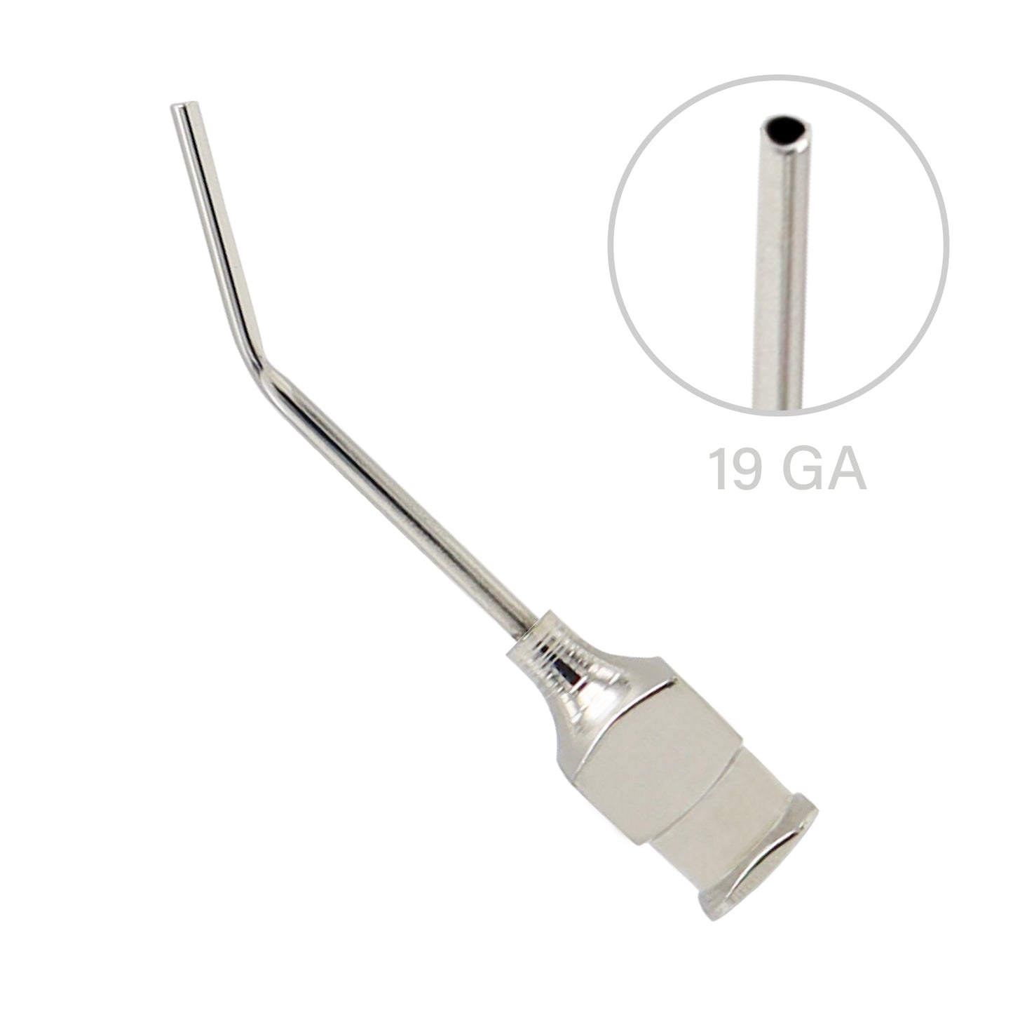 A 19 gauge metal irrigating cannula (Bonn model) featuring an angled, slender stainless steel tube extending from a square luer-lock hub. A circular inset details the round tip profile alongside the text "19 GA".