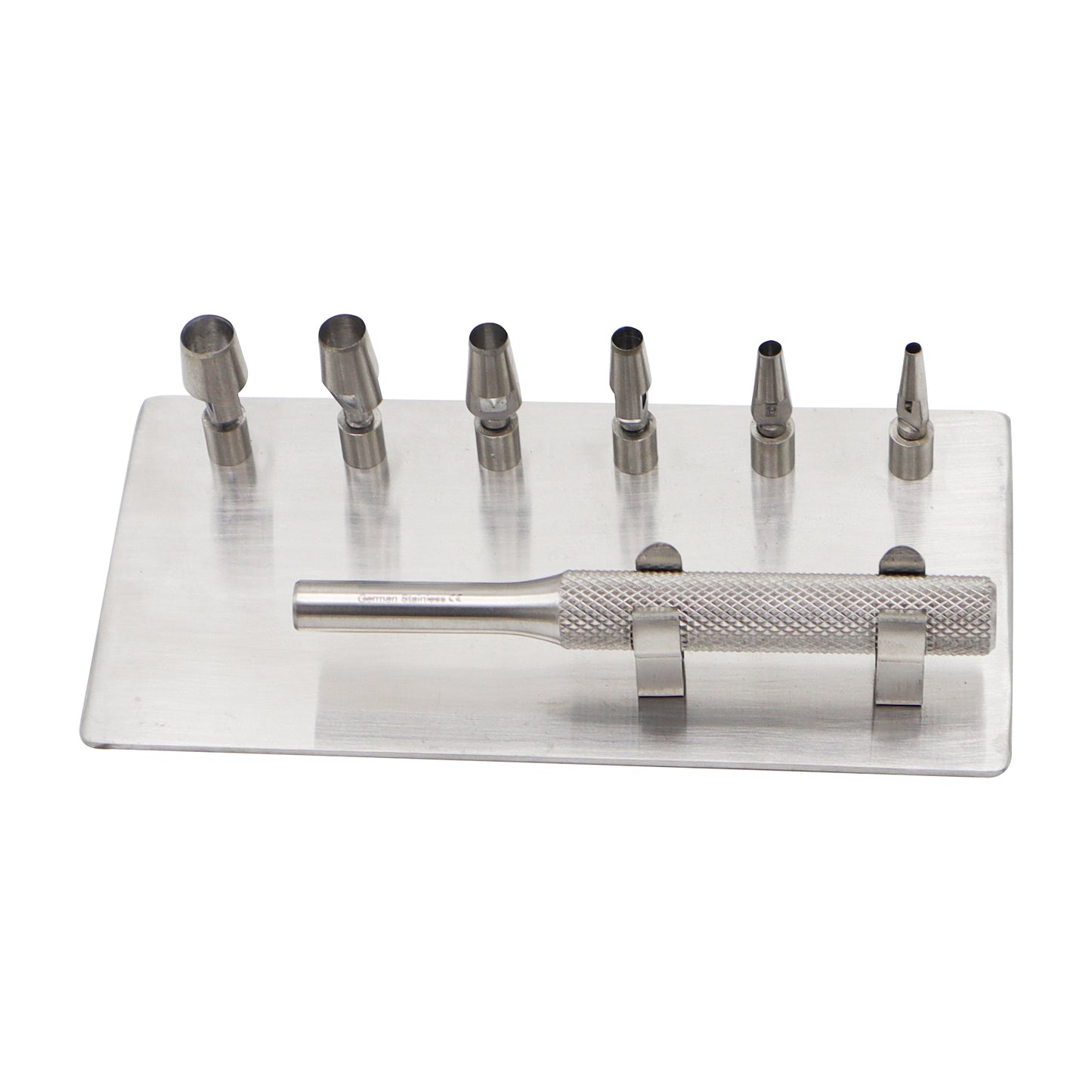 Keyes dermal punch set with 6 interchangeable stainless steel punch tips and knurled metal handle on a sterilization rack