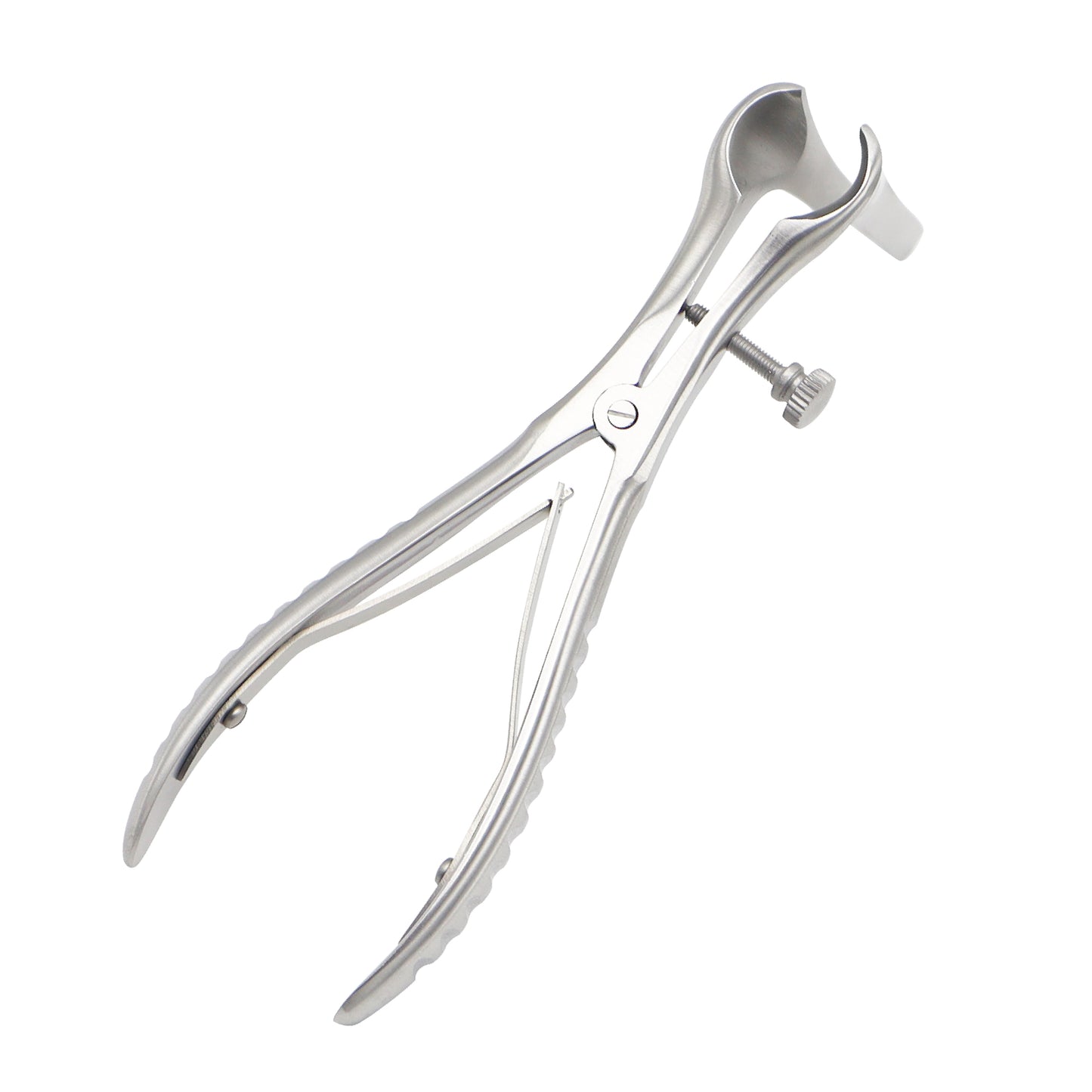 Stainless steel Killian nasal speculum instrument with a manual set screw lock and spring-action handles, shown isolated on a white background.