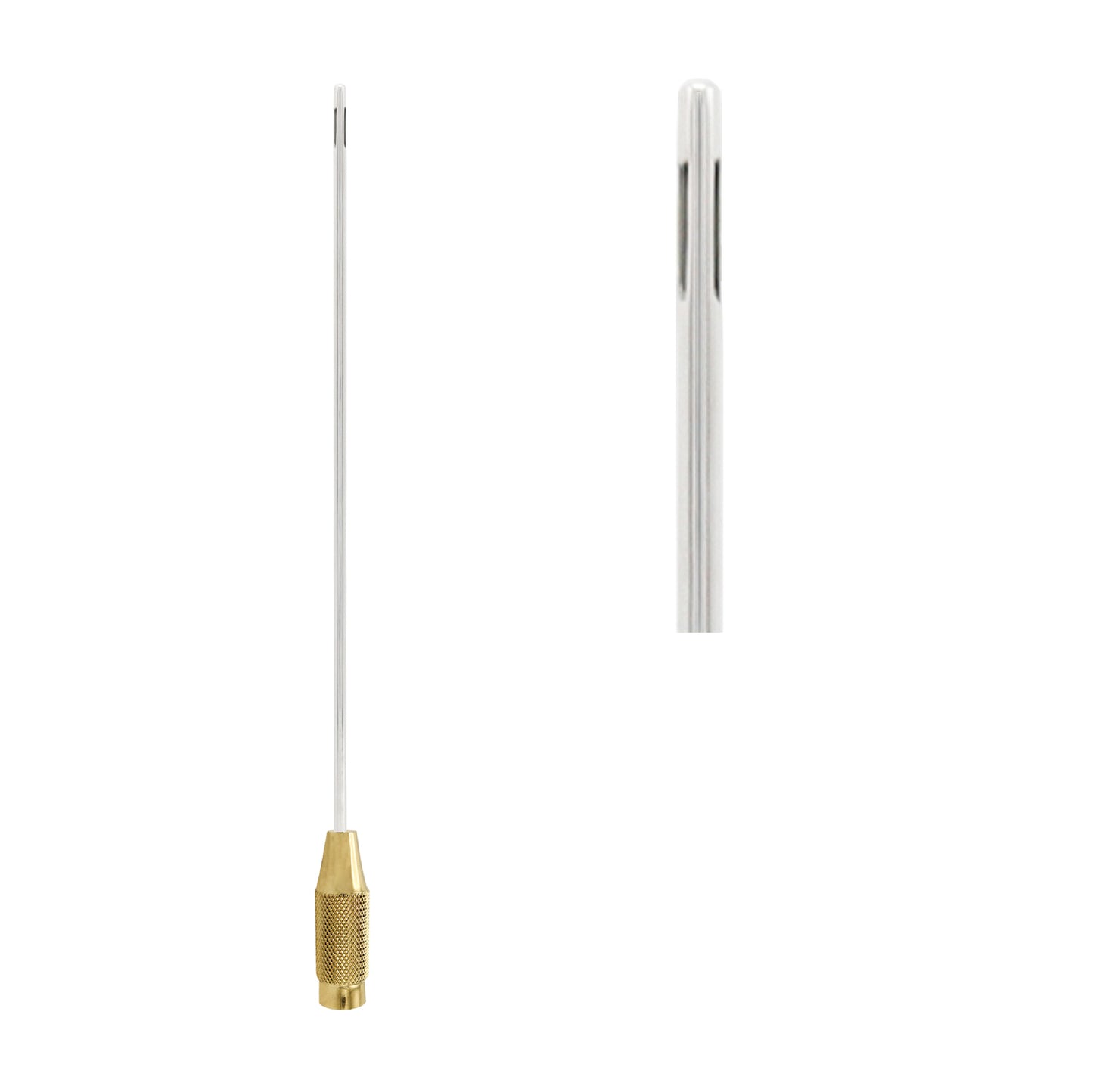 A medical-grade stainless steel liposuction cannula featuring a long, slender tube with a slotted tip and a gold-toned knurled handle for surgical grip.