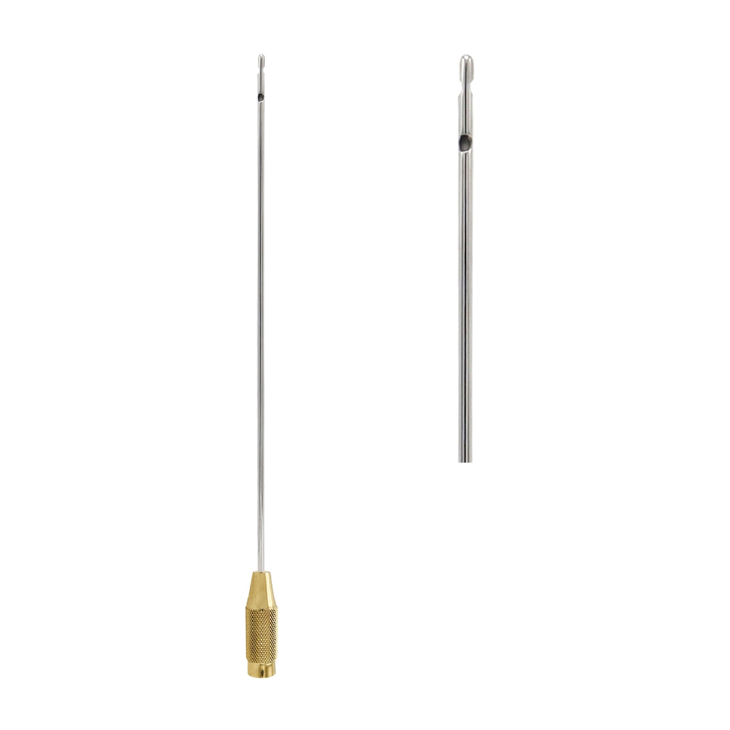 A stainless steel liposuction cannula featuring a single side-port tip and a knurled gold-plated threaded handle, shown alongside a close-up detail of the aspiration port.