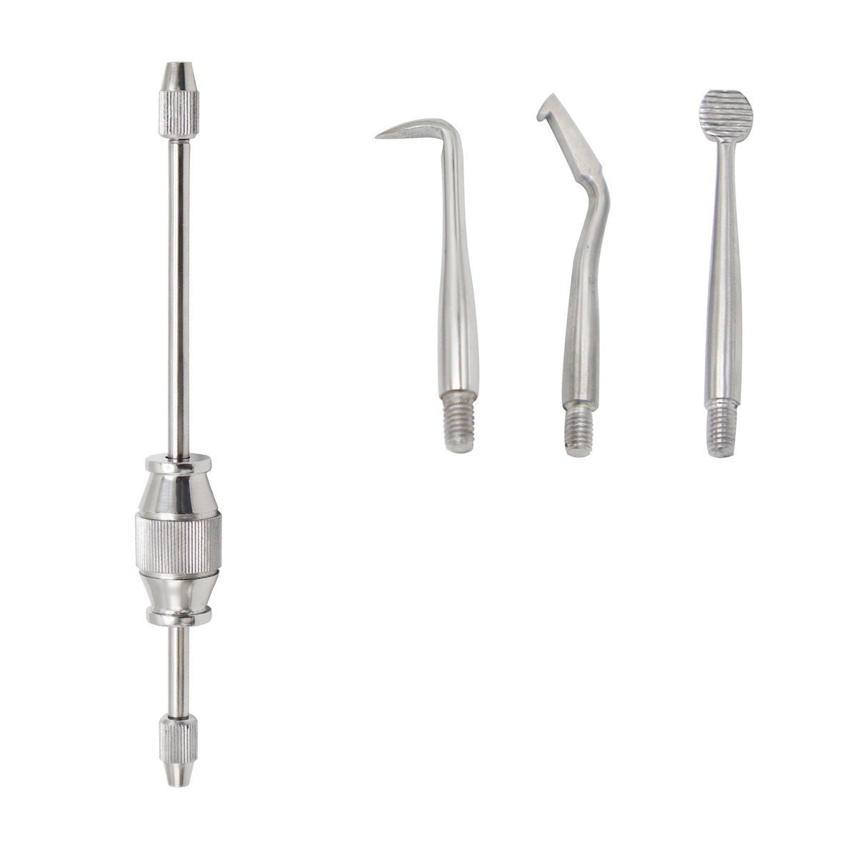 Stainless steel manual dental crown and bridge remover kit featuring a double-ended sliding mallet handle and three interchangeable threaded working tips against a white background.