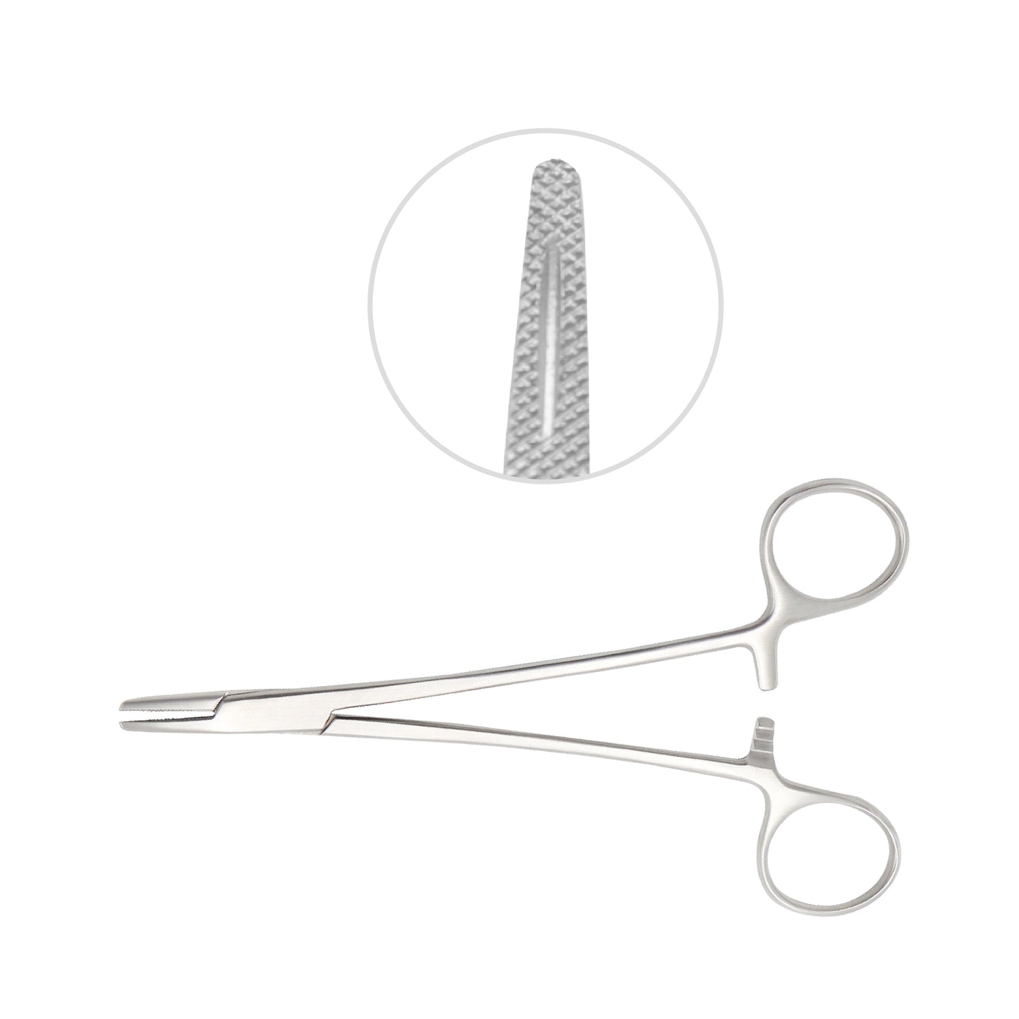 Mayo Hegar needle holder with straight, cross-hatched serrated jaws and a circular inset showing the detailed jaw texture.