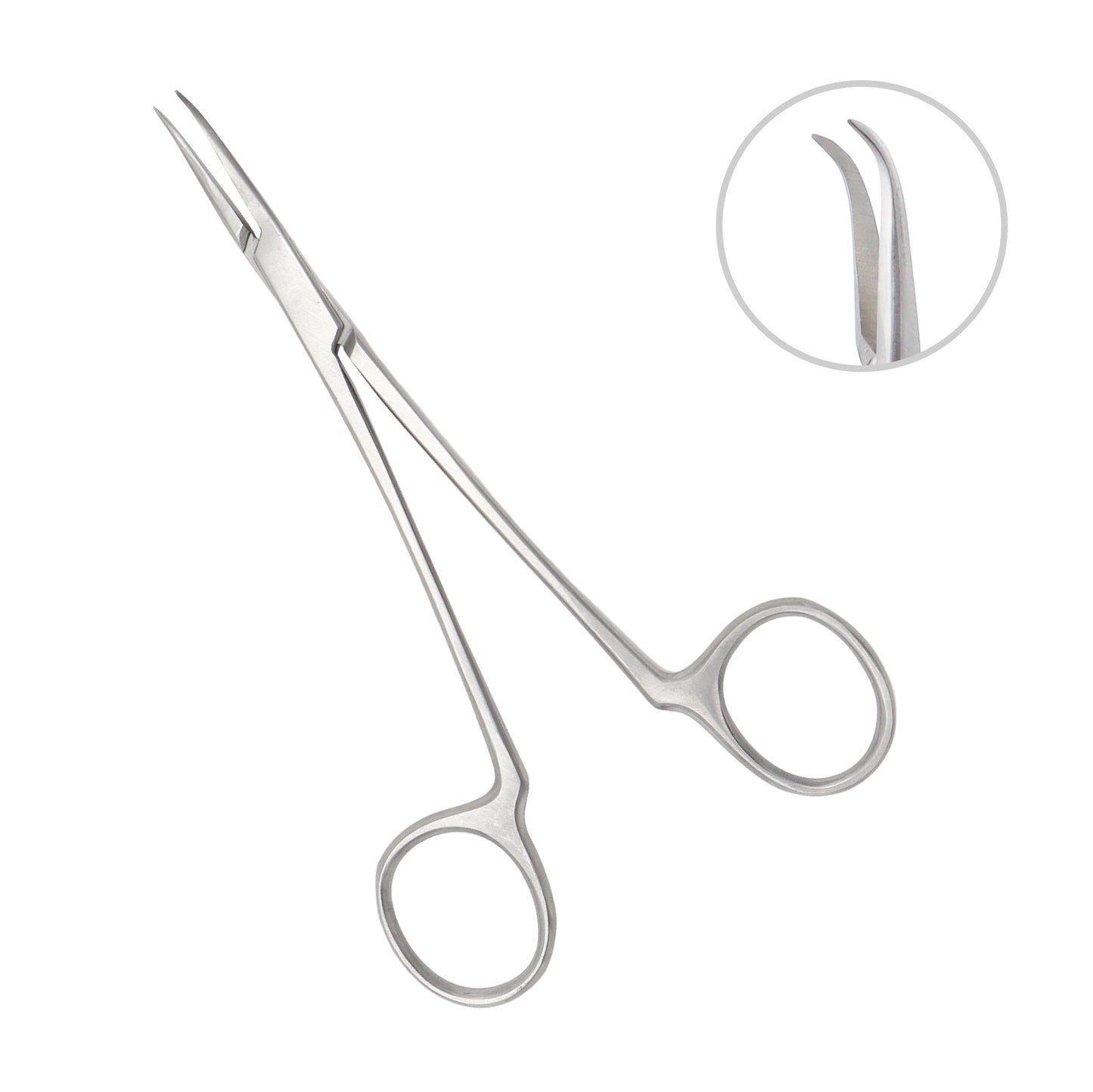 A pair of stainless steel McCabe facial nerve dissector forceps featuring slender, smooth, and curved jaws with finger-loop handles, shown alongside a magnified view of the curved tip.