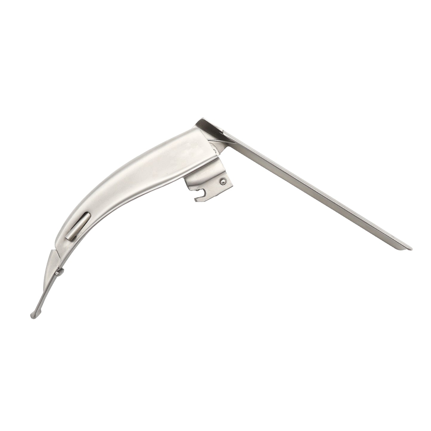 A stainless steel McCoy laryngoscope blade featuring a curved Macintosh-style profile with a hinged distal tip and a lever-action attachment for intubation procedures.