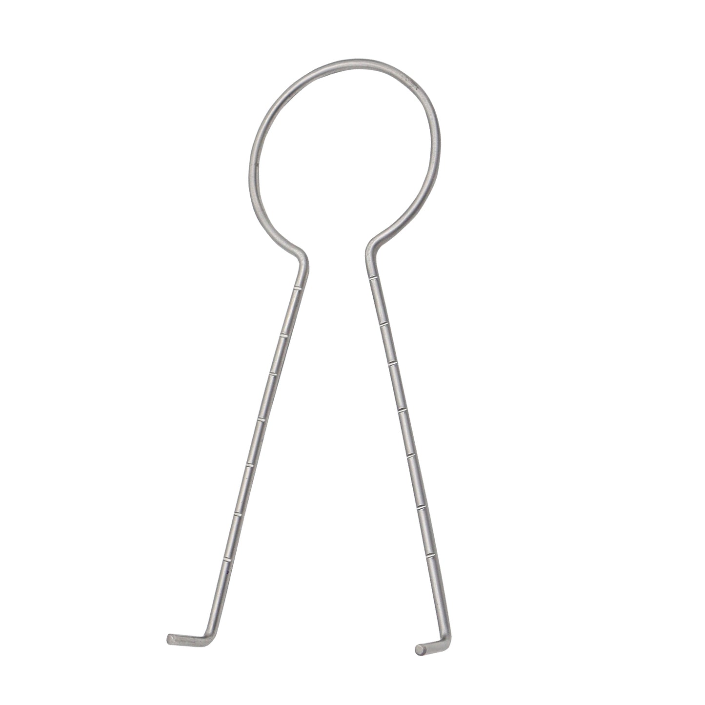 A stainless steel McKissock Keyhole Marker, a surgical instrument featuring a circular wire loop at the top and two long, graduated legs with small hooked feet at the bottom, used for breast reduction markings.