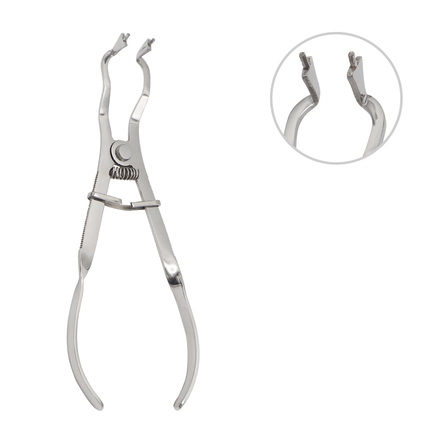 Metal dental tool with a close-up inset on a white background