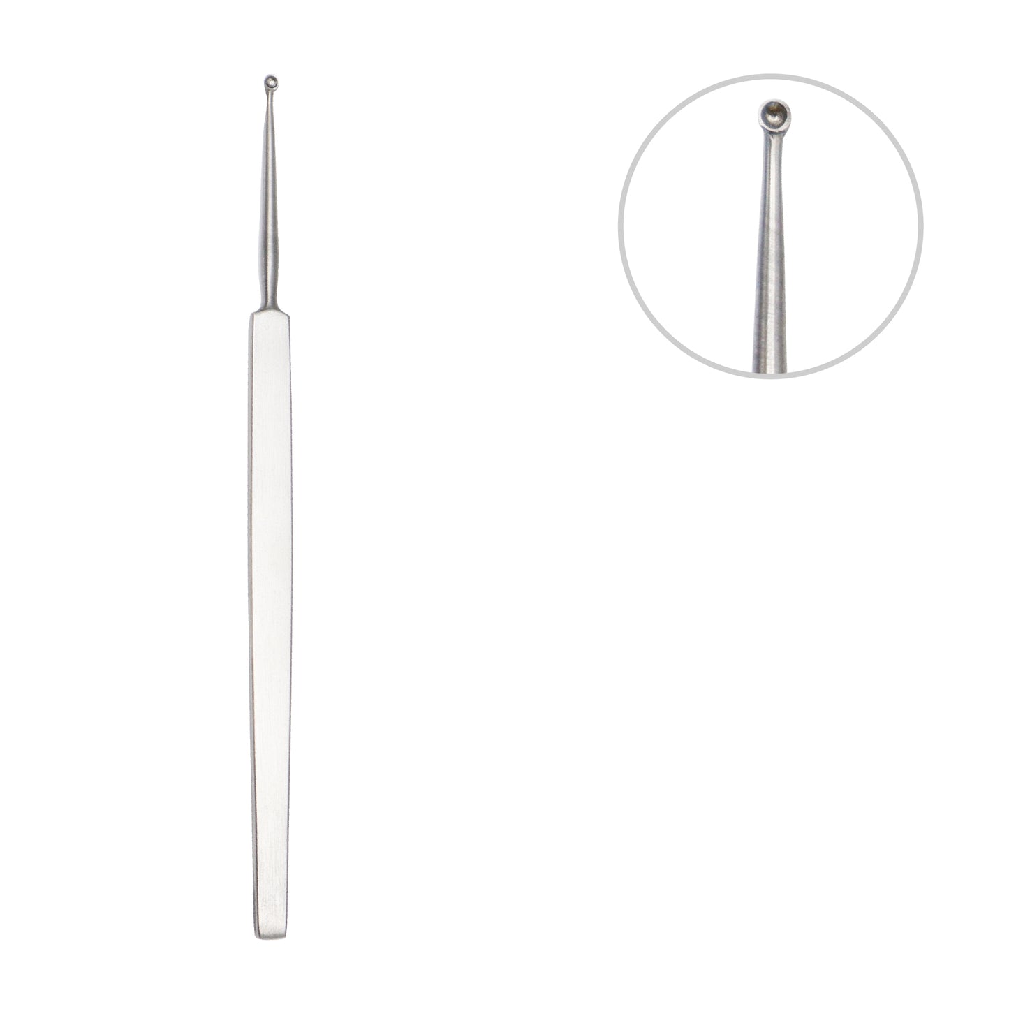 Meyhoefer chalazion curette medical instrument made of surgical stainless steel with a flat handle and a detailed close-up inset of its tiny micro-cup tip.