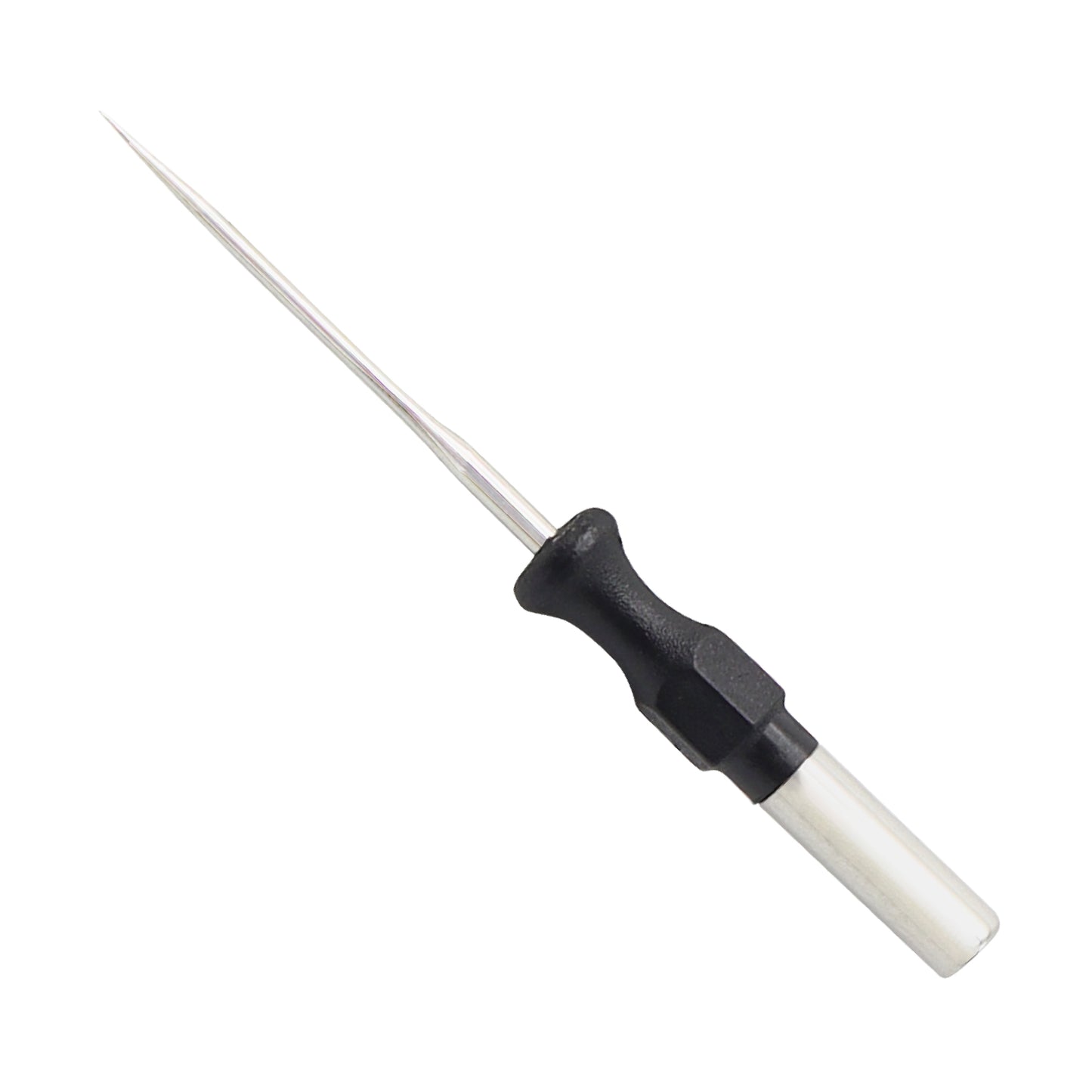 Straight needle electrode for electrosurgery with a 4mm universal shaft and black insulated handle on a white background.