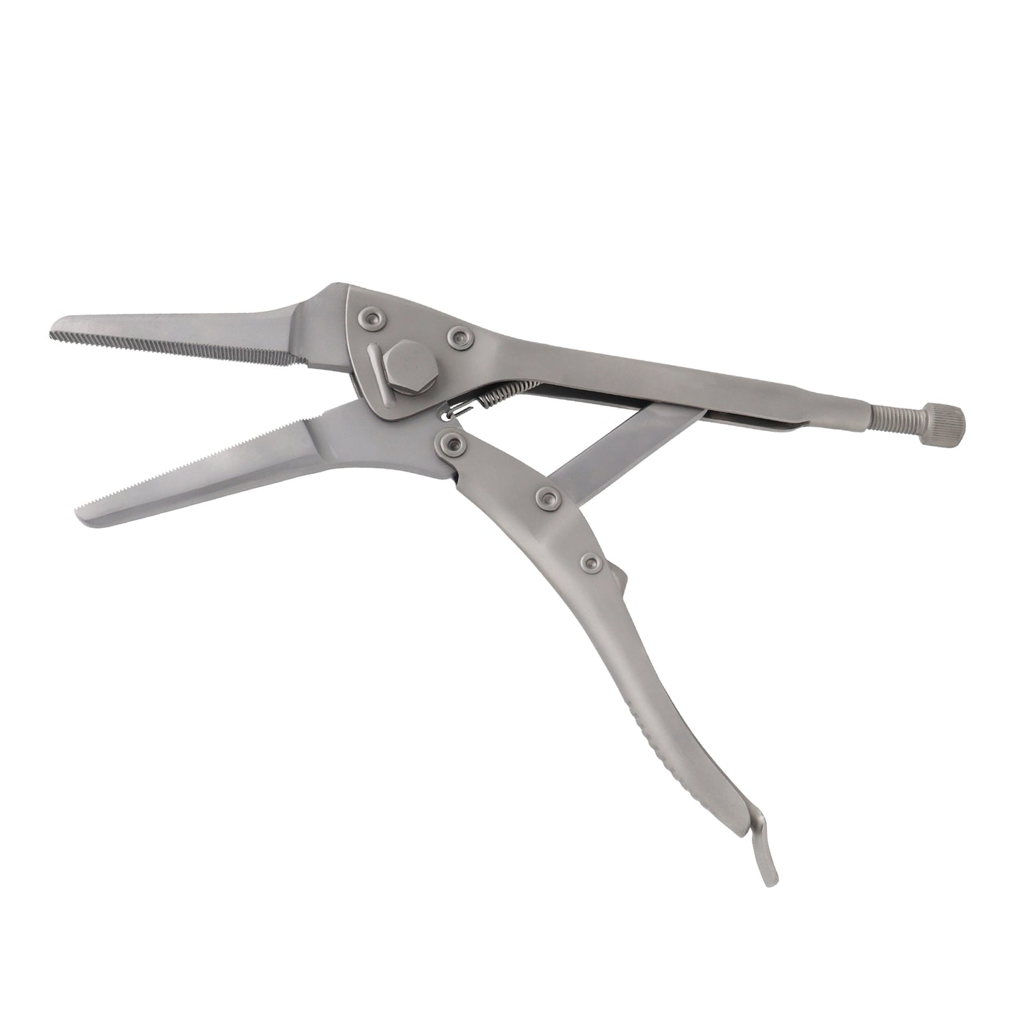 Surgical-grade stainless steel needle-nose locking pliers with an adjustable screw handle and textured jaws, designed for orthopedic procedures and high-precision gripping.