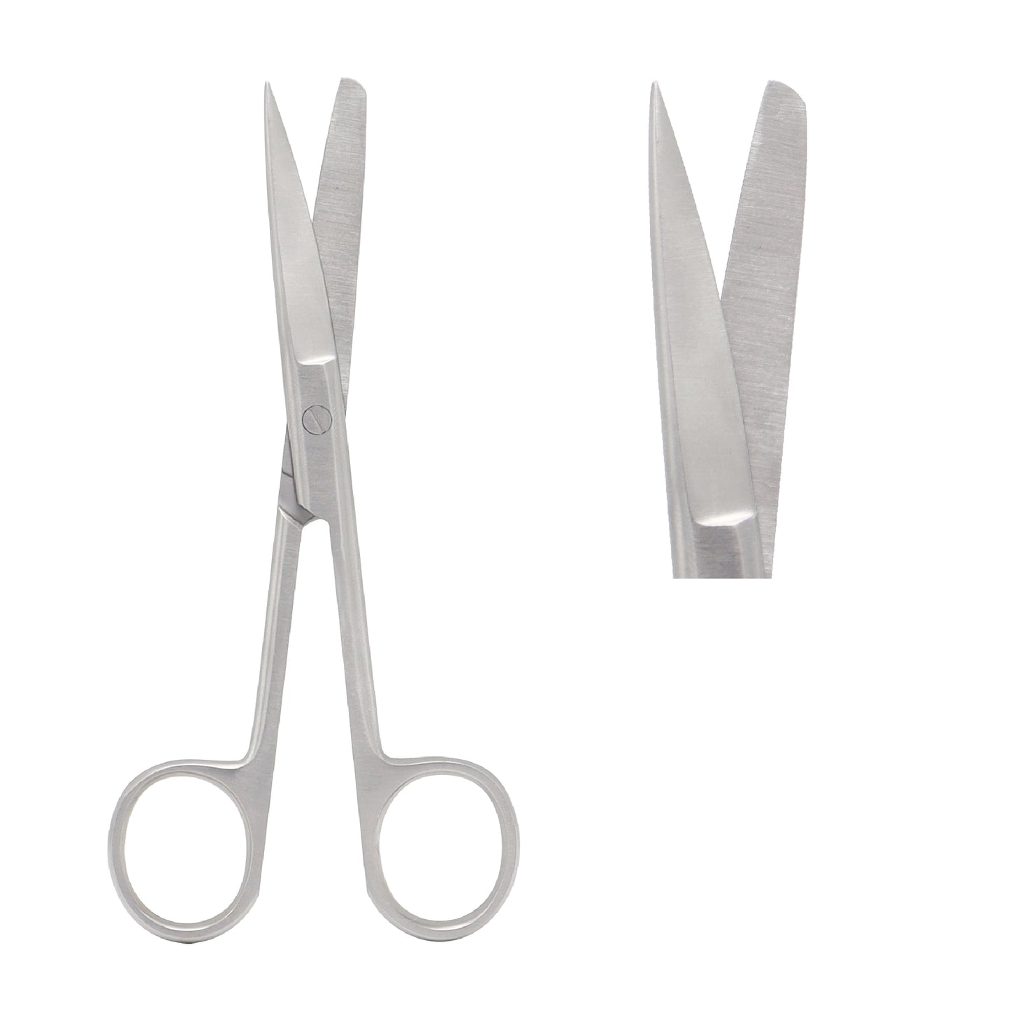 Straight surgical operating scissors with one sharp and one blunt tip, medical-grade stainless steel with ring handles.