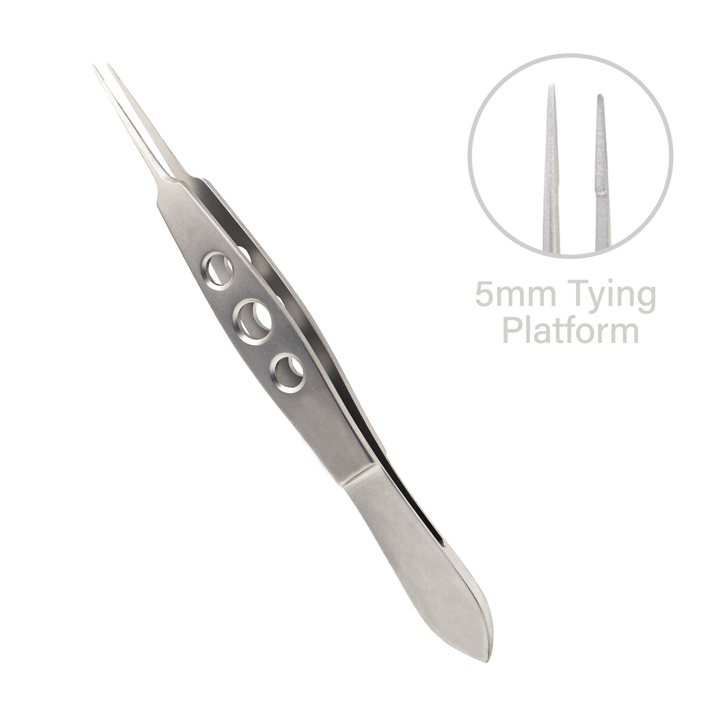 Macro shot of straight micro-tying forceps showing fine tips for accurate surgical tying and control
