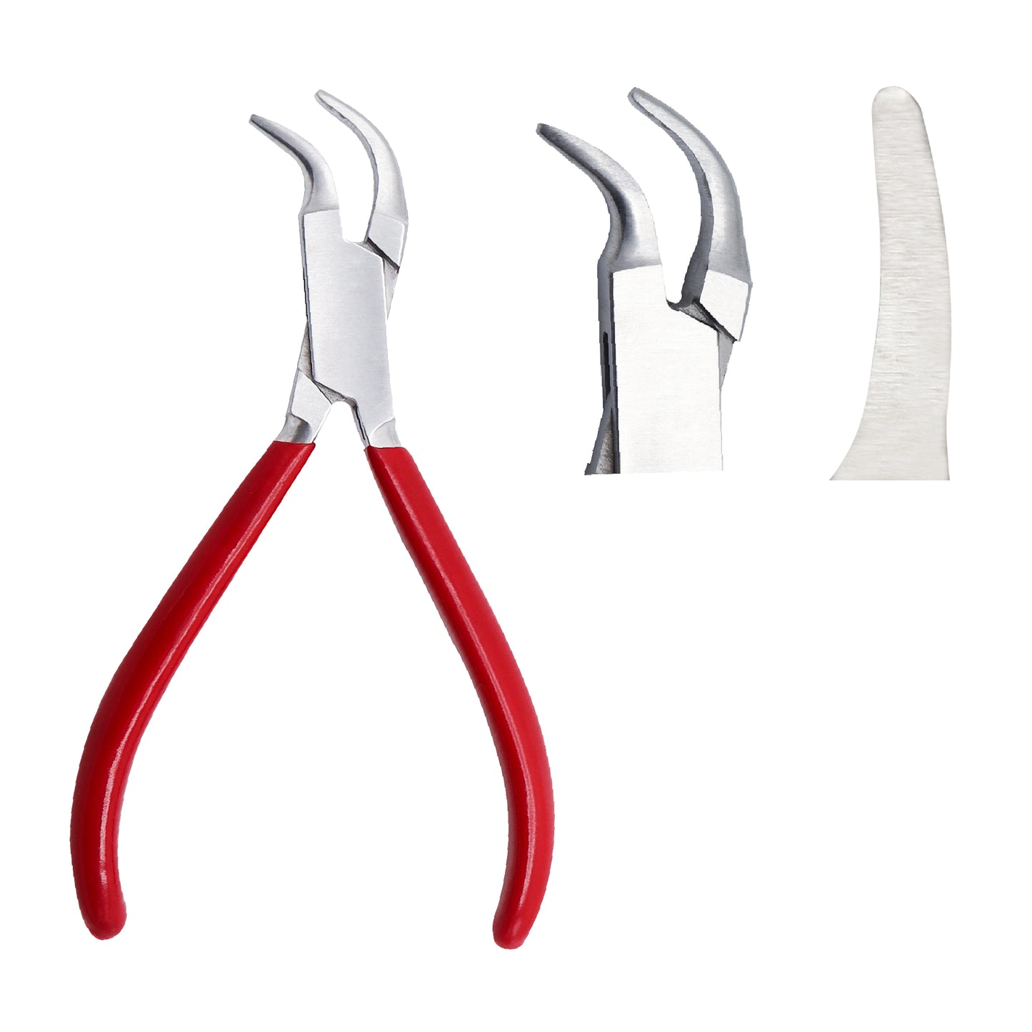 A pair of side angled pliers with smooth jaws, one with red handles and the other with silver handles. A third image shows a close-up of the silver-handled pliers.