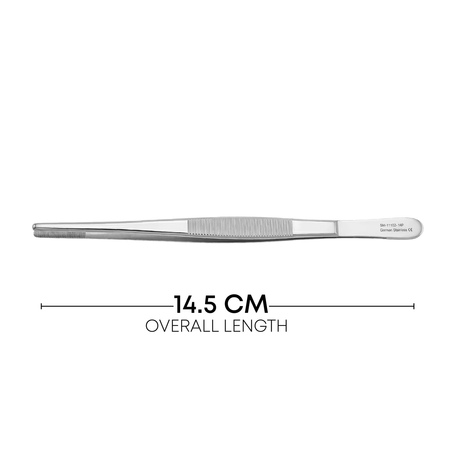 A pair of stainless steel forceps shown horizontally on a white background, with a dimension line below indicating an overall length of 14.5 cm.