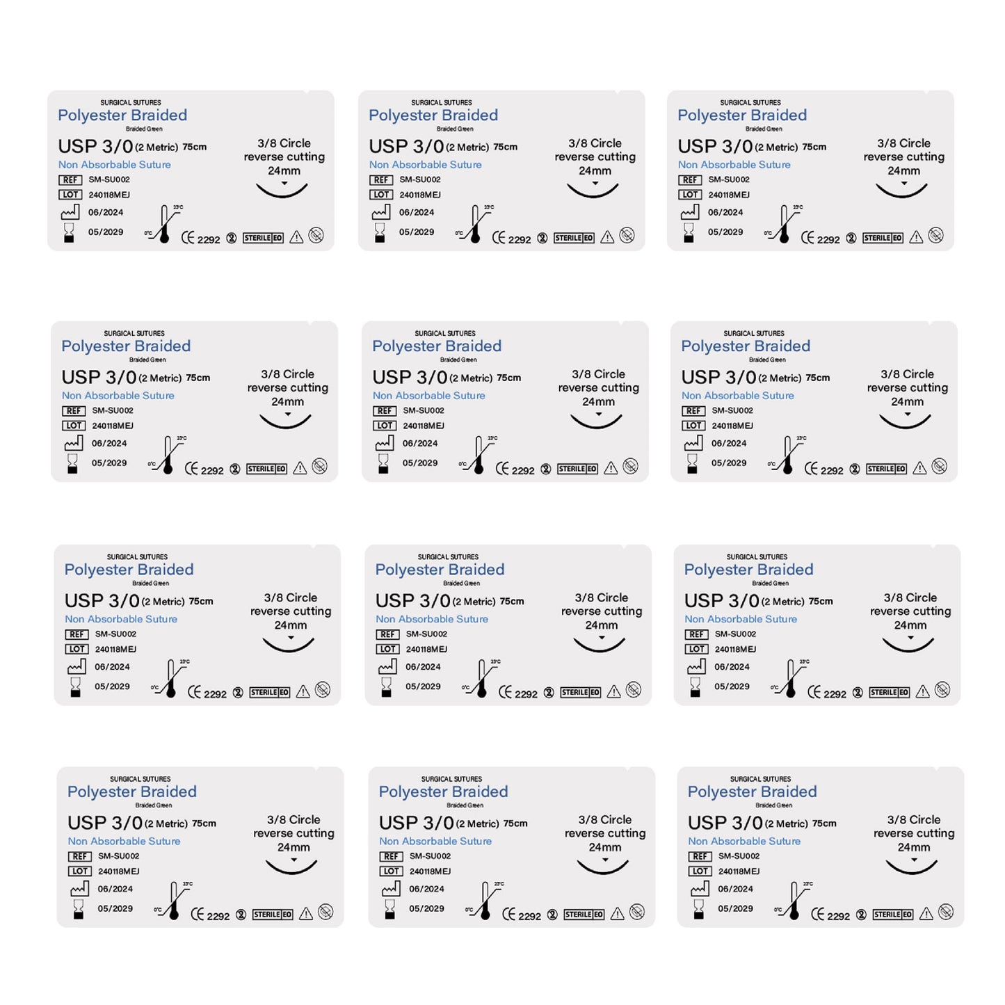 A grid of 12 sterile polyester braided surgical suture packages, USP 3/0, featuring a 24mm 3/8 circle reverse cutting needle and 75cm non-absorbable thread.