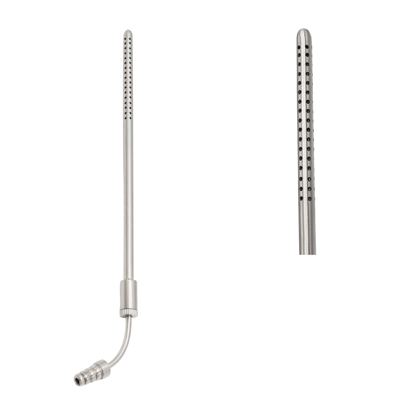 Curved stainless steel Poole suction tube and perforated outer sleeve sheath on a white background