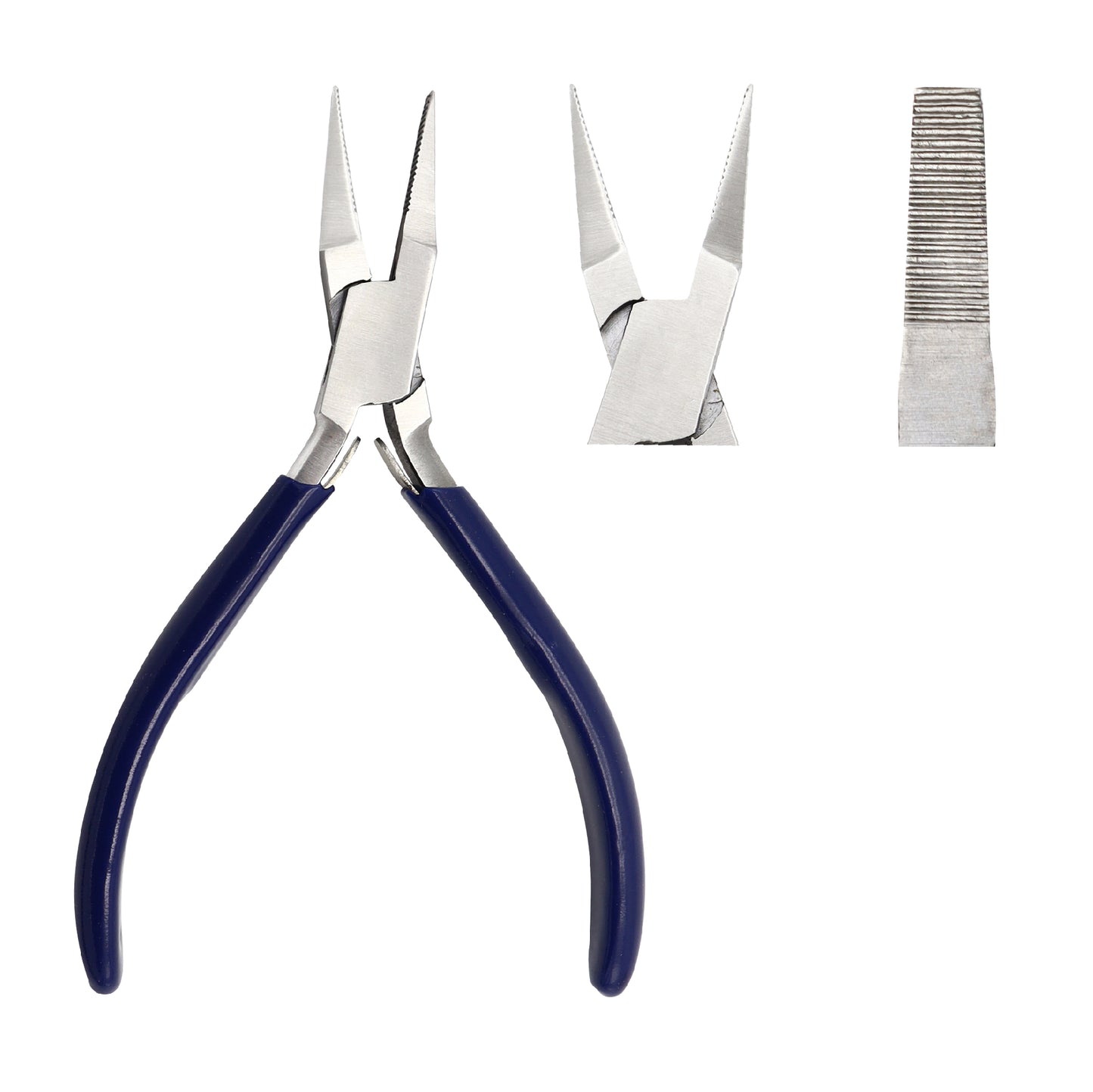 A set of three images showing a flat nose plier with serrated jaws and a spring mechanism. The plier has silver-colored metal parts and blue-colored handles.