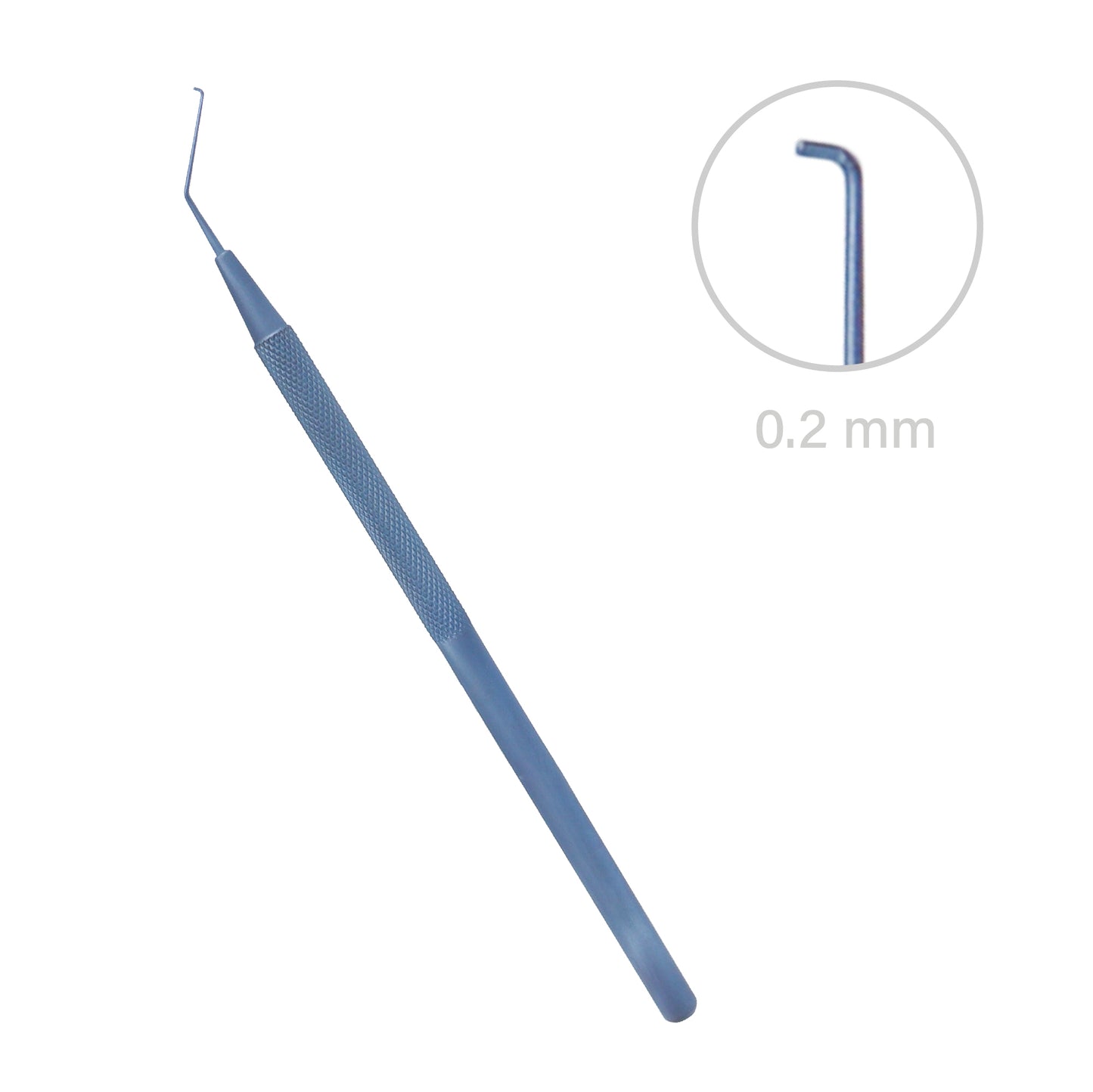 Detailed close-up view of the blue titanium Sinskey Lens Hook showing the fine angled tip and precision finish for delicate eye surgery procedures.
