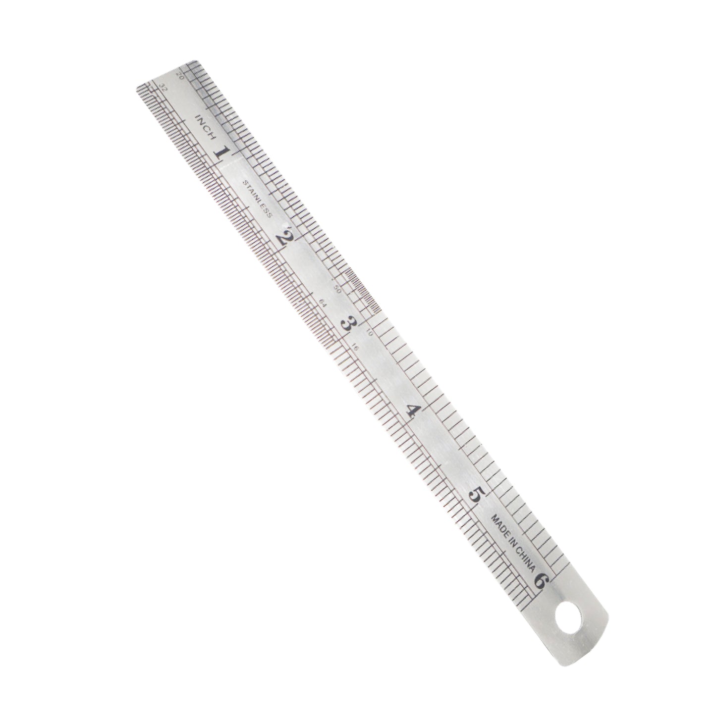 A 6-inch stainless steel precision ruler featuring etched markings for inches and millimeters, with a circular hanging hole at one end.