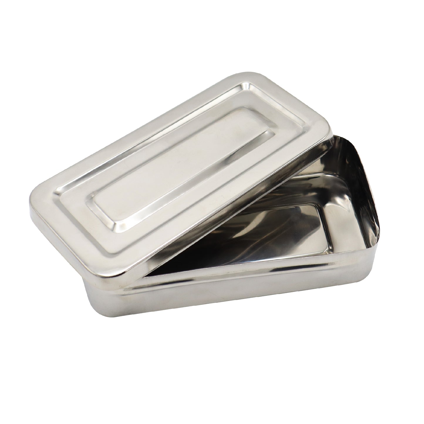 High-polished rectangular stainless steel surgical instrument sterilization container showing an open overlapping lid and empty base.