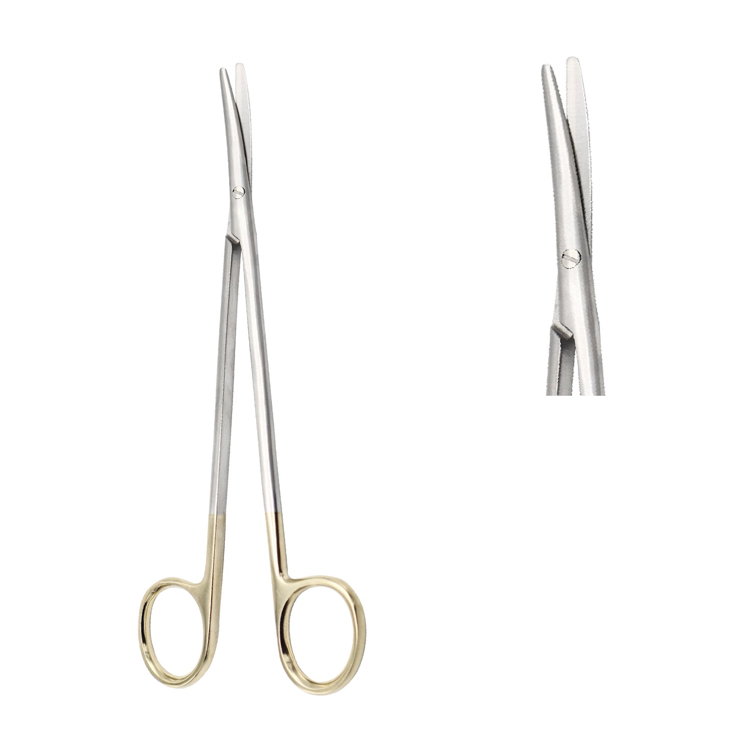 Close-up of Metzenbaum surgical scissors with tungsten carbide tips, available in multiple sizes and curves for precise surgical procedures