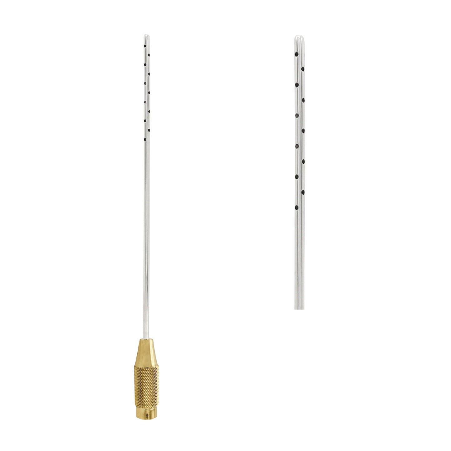 Liposuction cannula with gold-plated handle for fat extraction procedures.