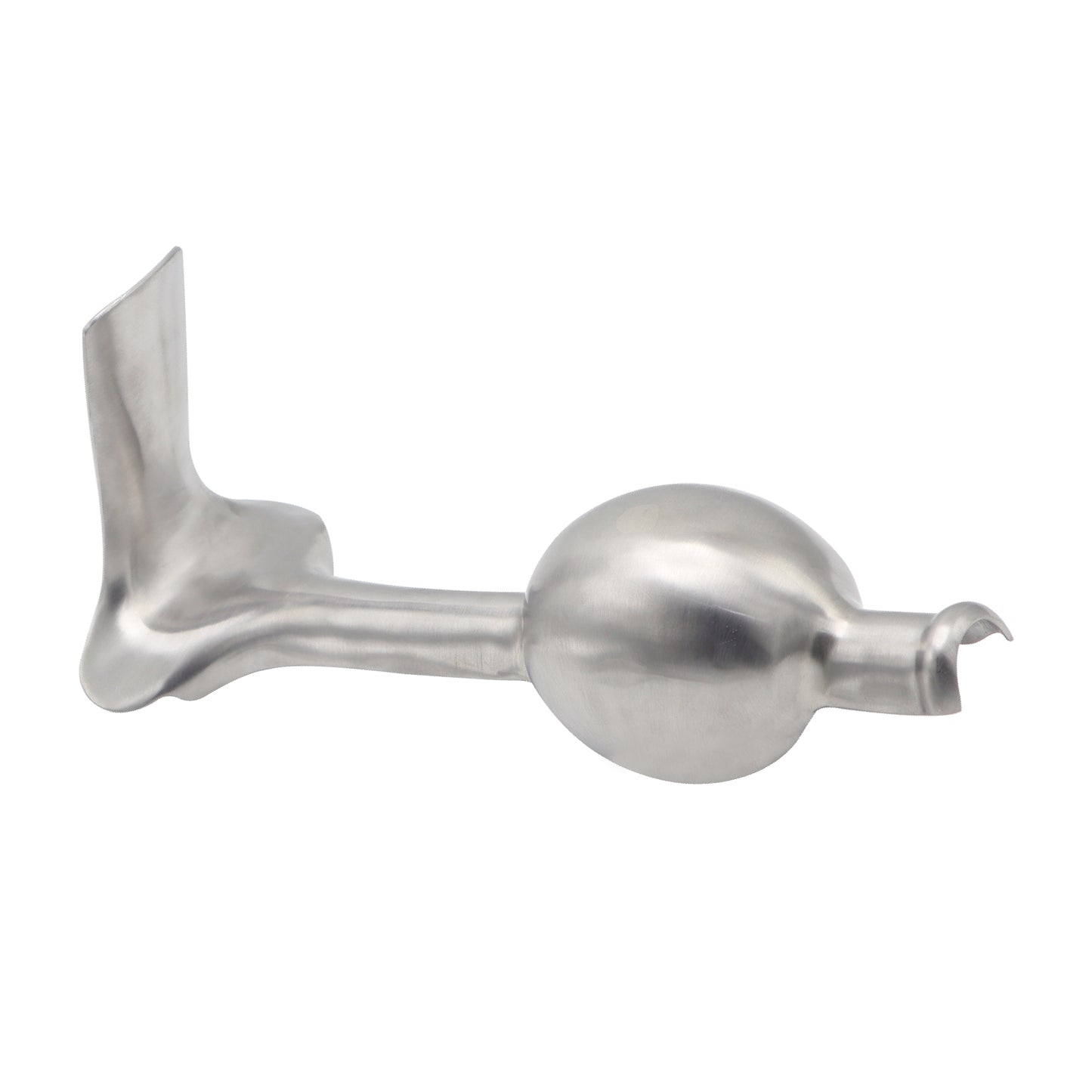 A single-ended surgical Auvard speculum with a right-angle straight blade and a heavy spherical ball weight on the handle, isolated on a white background.