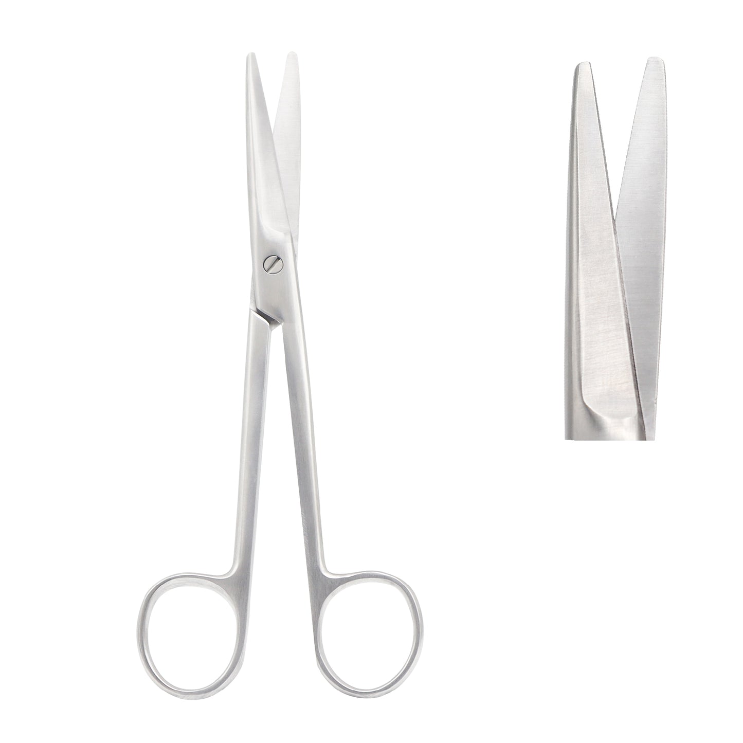 Straight Mayo surgical scissors made of medical-grade stainless steel with semi-blunt tips on a white background.