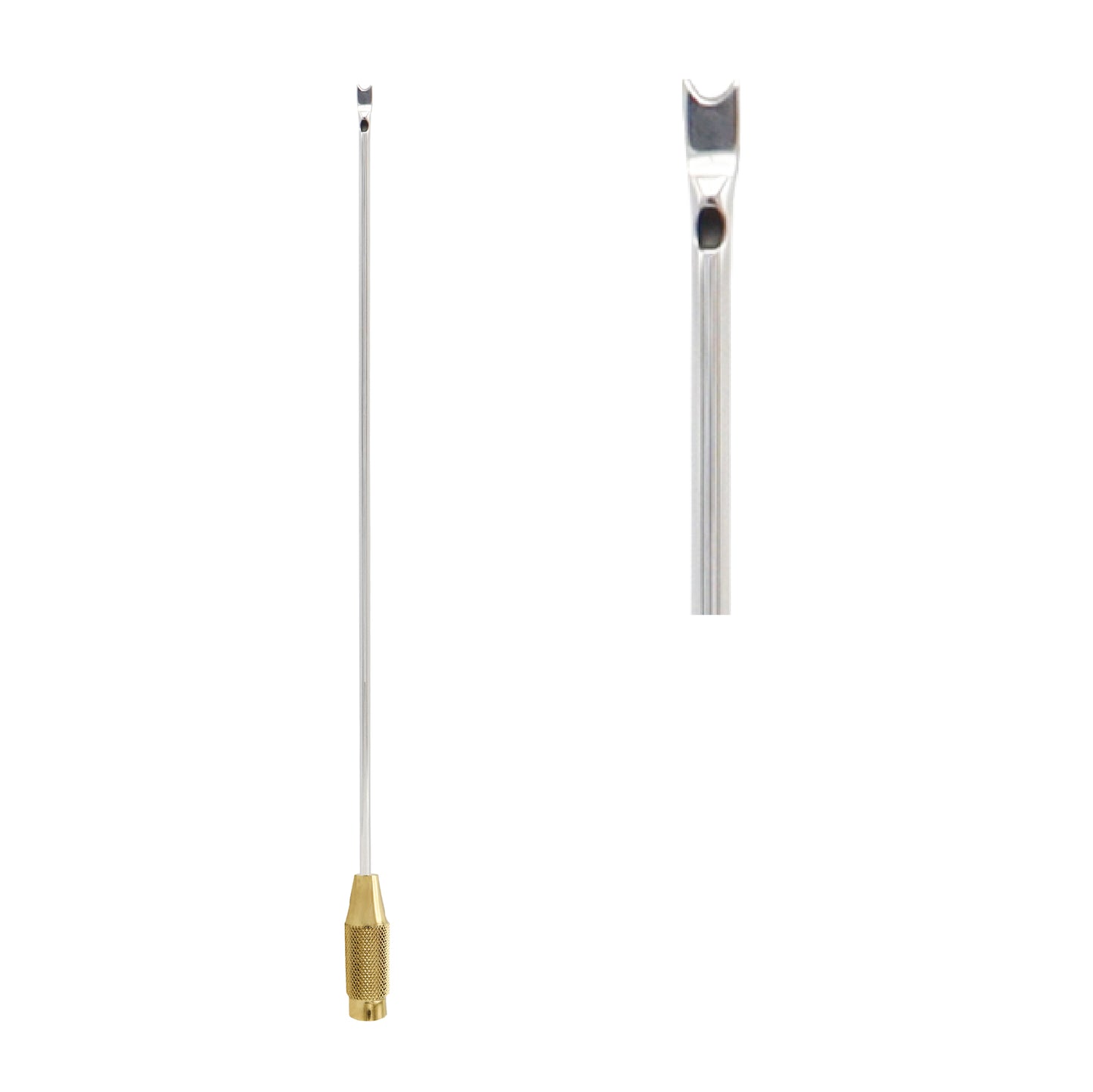 Professional liposuction cannula featuring a specialized fork-shaped 'Toledo' tip for dissection, a long slender stainless steel shaft, and a textured gold-toned handle base for grip.