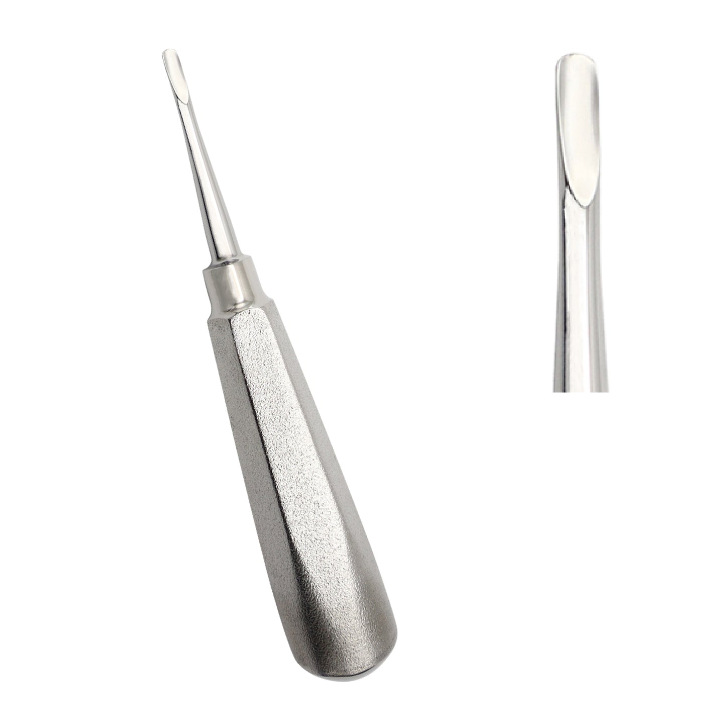 SurgiMac Seldin straight dental extraction elevator with a stainless steel ergonomic handle, showing both the full profile view and a close-up of the spade-like working tip.