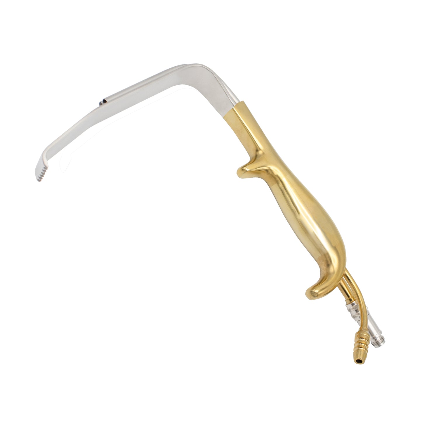 A Tebbetts-style surgical breast retractor featuring a gold-plated ergonomic handle, an integrated fiber optic light pipe for illumination, and a suction tube for fluid removal during plastic surgery procedures.