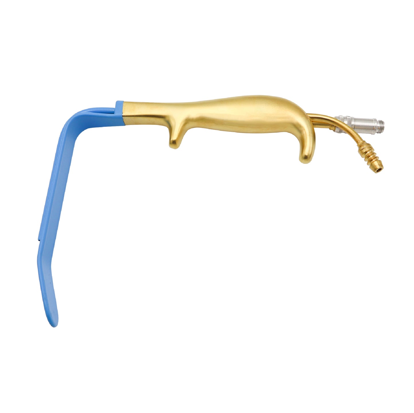 Tebbetts fiber optic surgical retractor with a gold-colored ergonomic handle and a blue insulated L-shaped blade, including integrated fiber optic and suction ports.