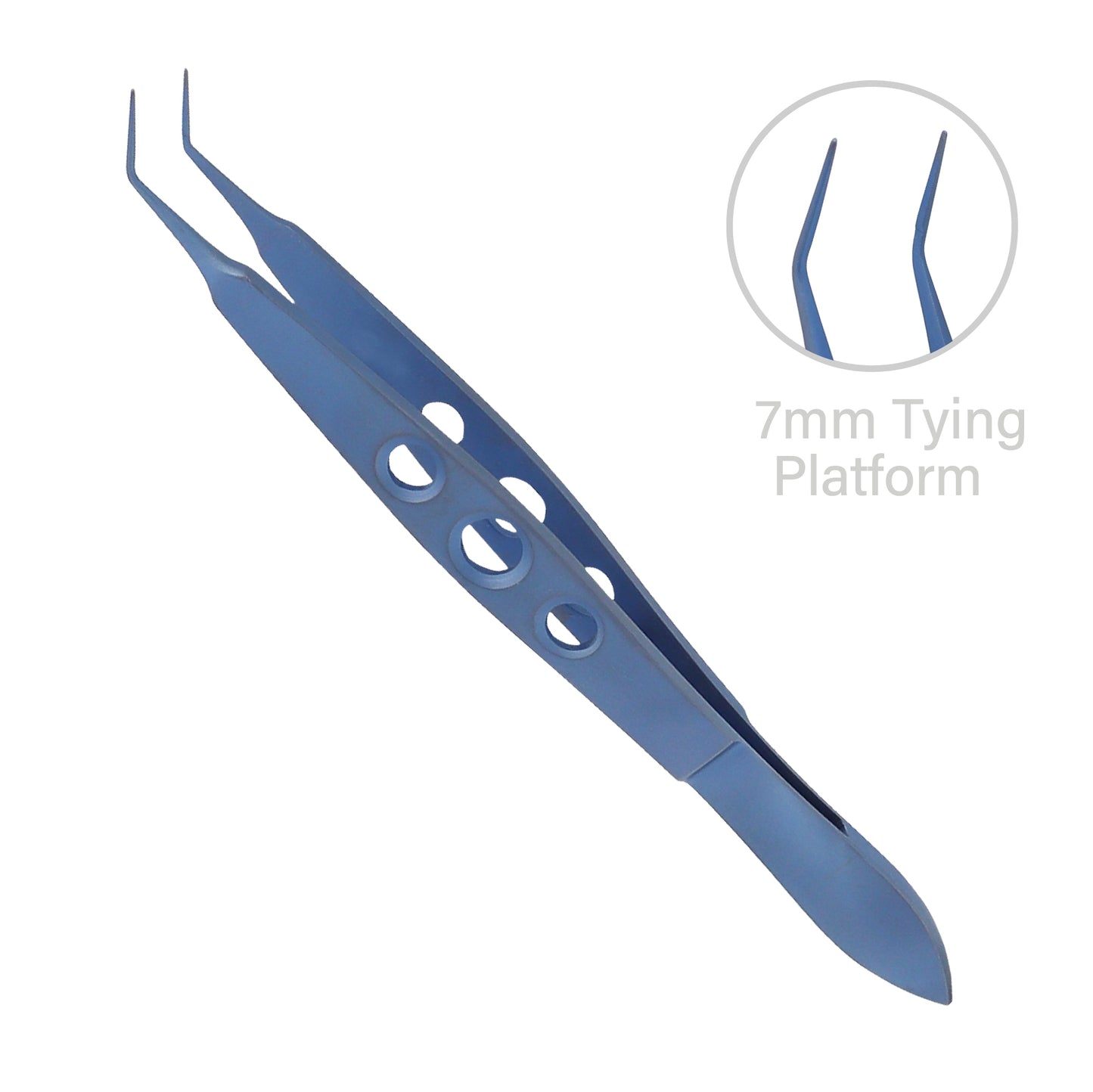 Close-up of McPherson angled micro-tying forceps showing 7 mm platform, lightweight titanium, designed for precise ophthalmic surgery