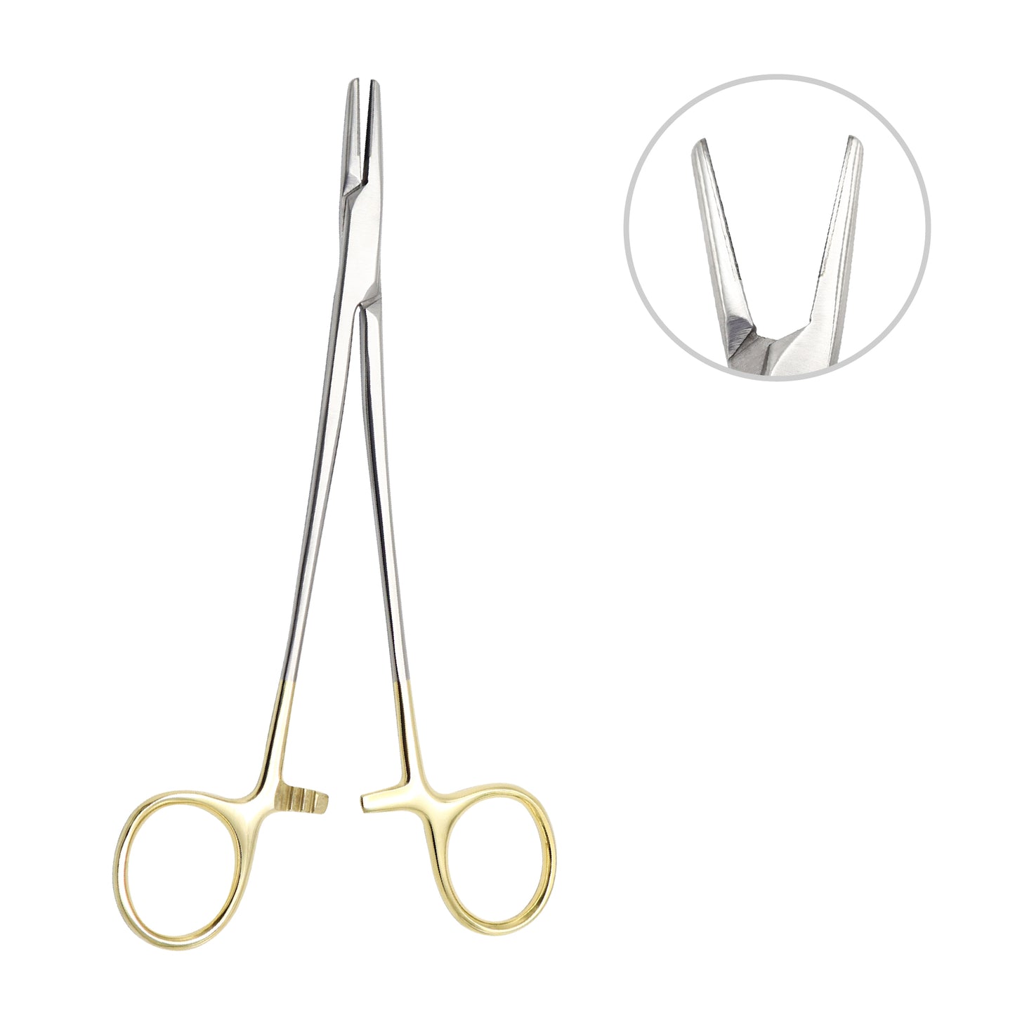 Tungsten Carbide surgical needle holder with gold-plated ring handles and an inset close-up showing the textured, cross-hatched gripping jaws for secure suturing.