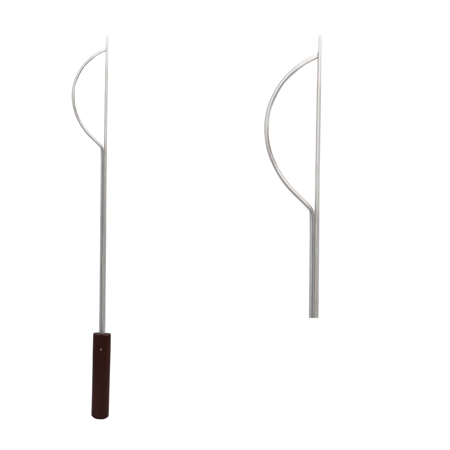 Long metallic veterinary obstetrical key hook with a dark brown handle and a curved loop head, shown next to a close-up cropped view of the hook mechanism on a white background.