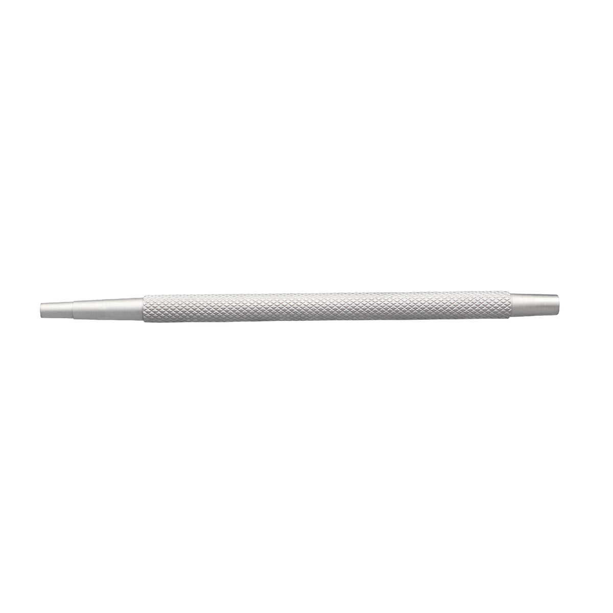 A double-ended silver metal watch hand press setting tool with a diamond knurled non-slip grip and smooth, stepped tips on a solid white background.