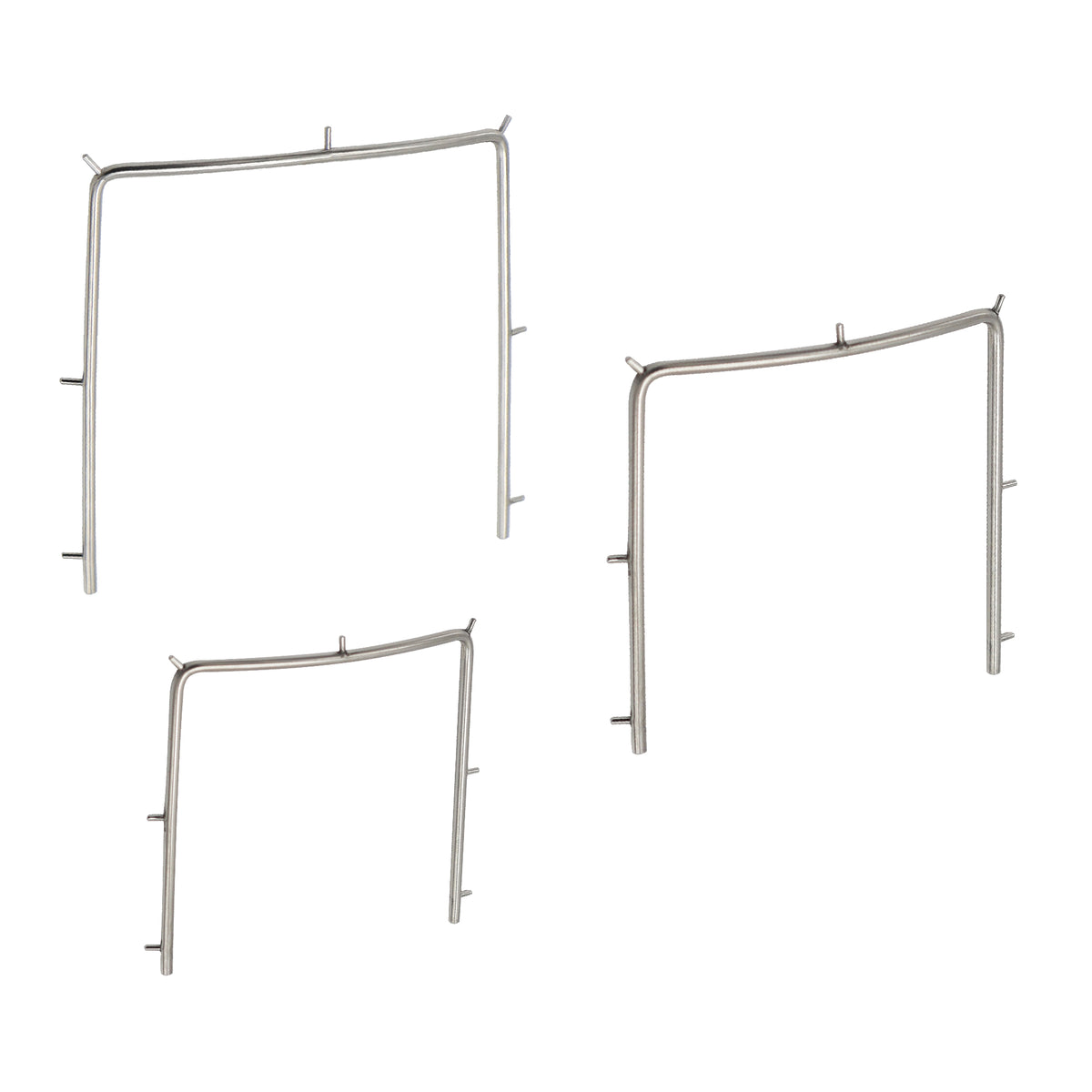 Three stainless steel Young's dental rubber dam frames in small, medium, and large sizes with outer pins for isolating the teeth during endodontic procedures, displayed on a clean white background.