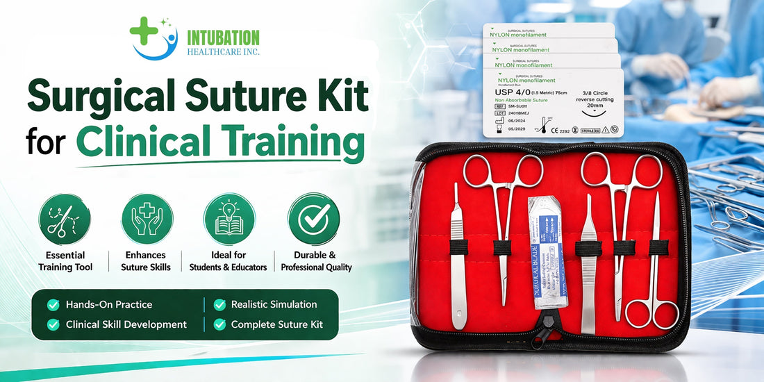 Surgical suture kit for clinical training with sutures, needles, and tools for wound closure practice, helping students learn safe and precise stitching techniques.