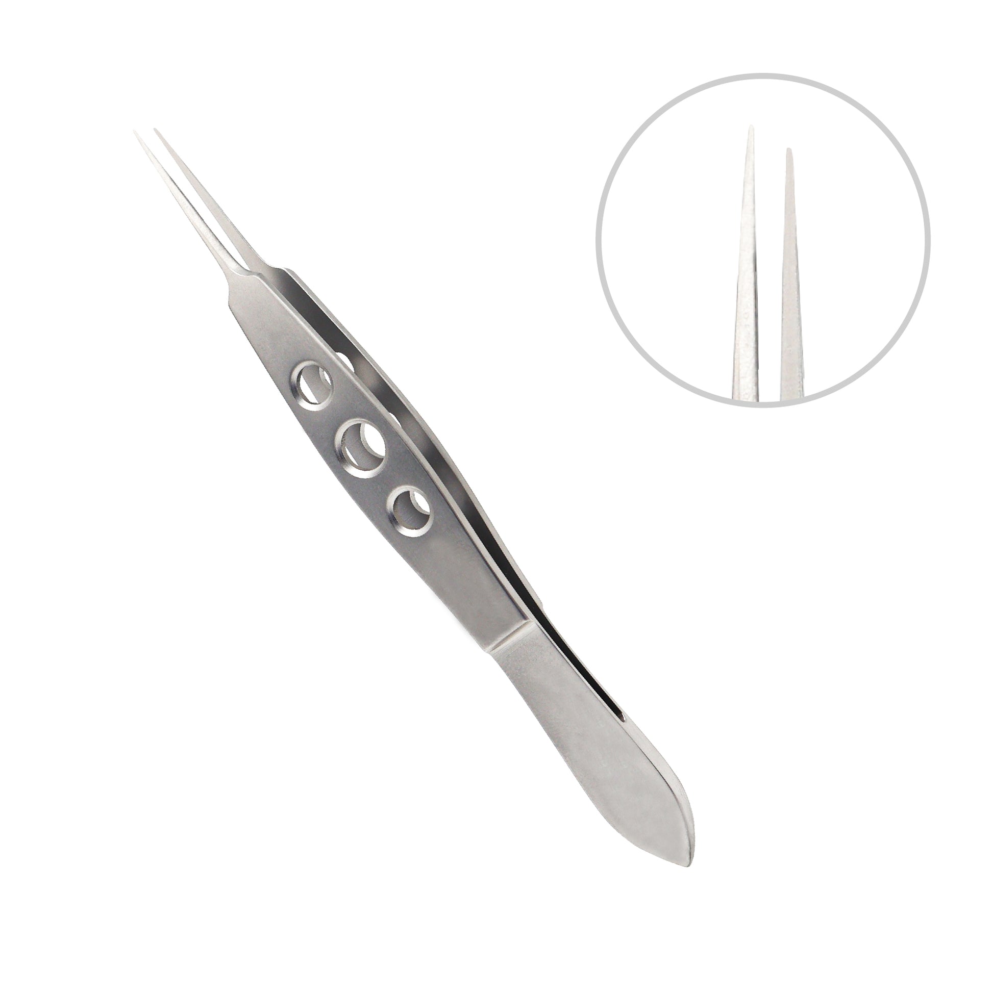 Close-up of McPherson corneal forceps showing straight 0.3 mm tips, stainless steel build, 10.5 cm length for delicate eye surgery