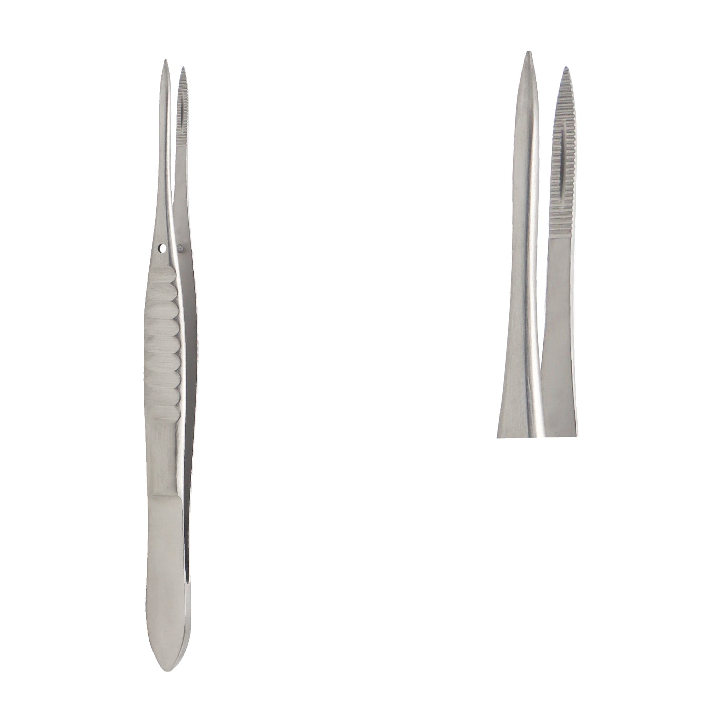 Close-up of Moorfield conjunctival forceps showing grooved grip and flat handle, used for delicate eye surgery and tissue control