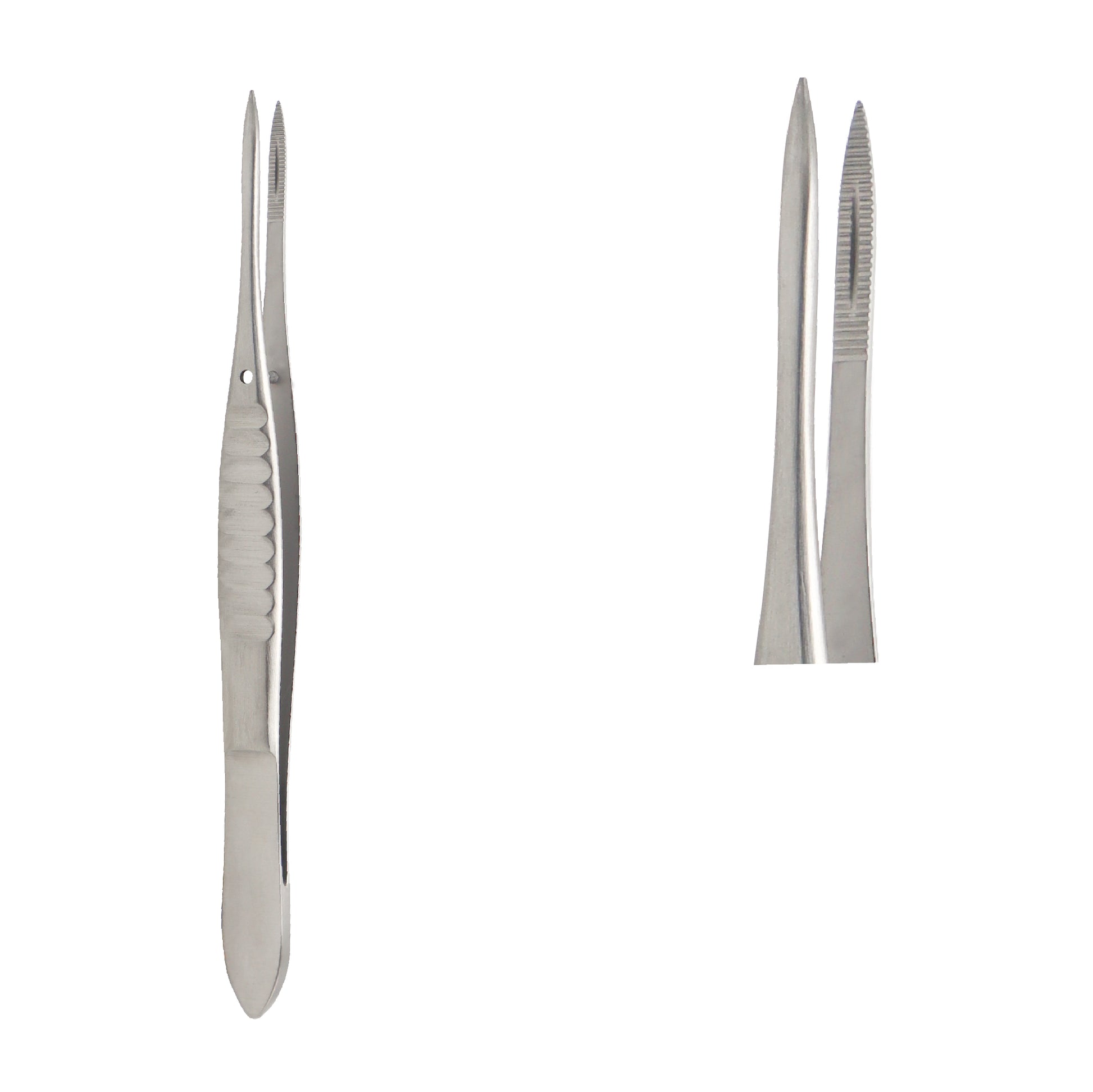 Close-up of Moorfield conjunctival forceps showing grooved grip and flat handle, used for delicate eye surgery and tissue control