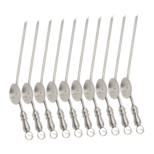 A row of ten stainless steel Baron suction tubes arranged diagonally on a white background, highlighting their 5 French (1.7mm) tips, integrated finger-rest plate, and knurled metal bases with hanging loops.